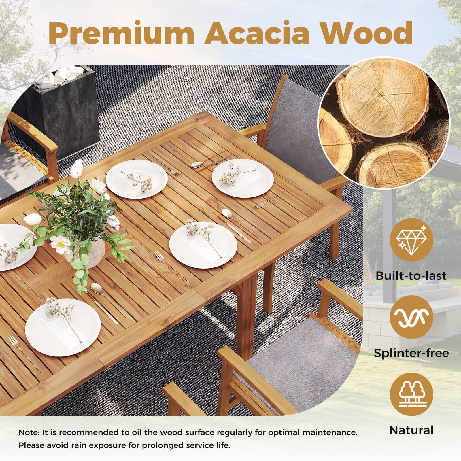 Costway 9 PCS Acacia Wood Outdoor Dining Set for 6-8 with 1.97 Natural + Gray - Image 9