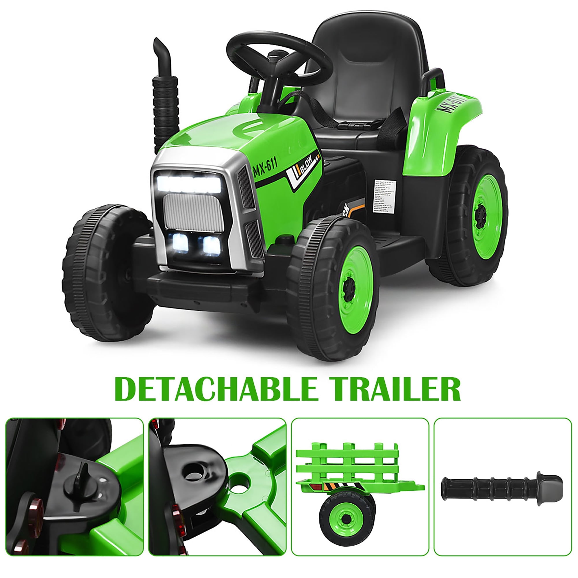 Costway 12V Kids Ride On Tractor with Trailer Ground Loader w/Remote Control &LED Lights Green - Image 6