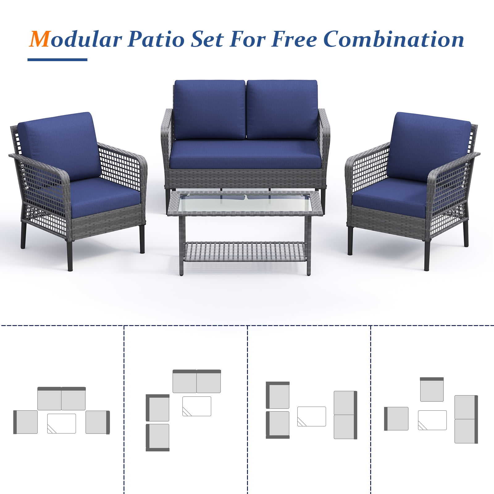 ELPOSUN 4 Pieces Patio Furniture Set, All-Weather Wicker Outdoor Furniture Set for Porch, Patio Conversation Set for Backyard, Balcony, Gray/Blue - Image 2