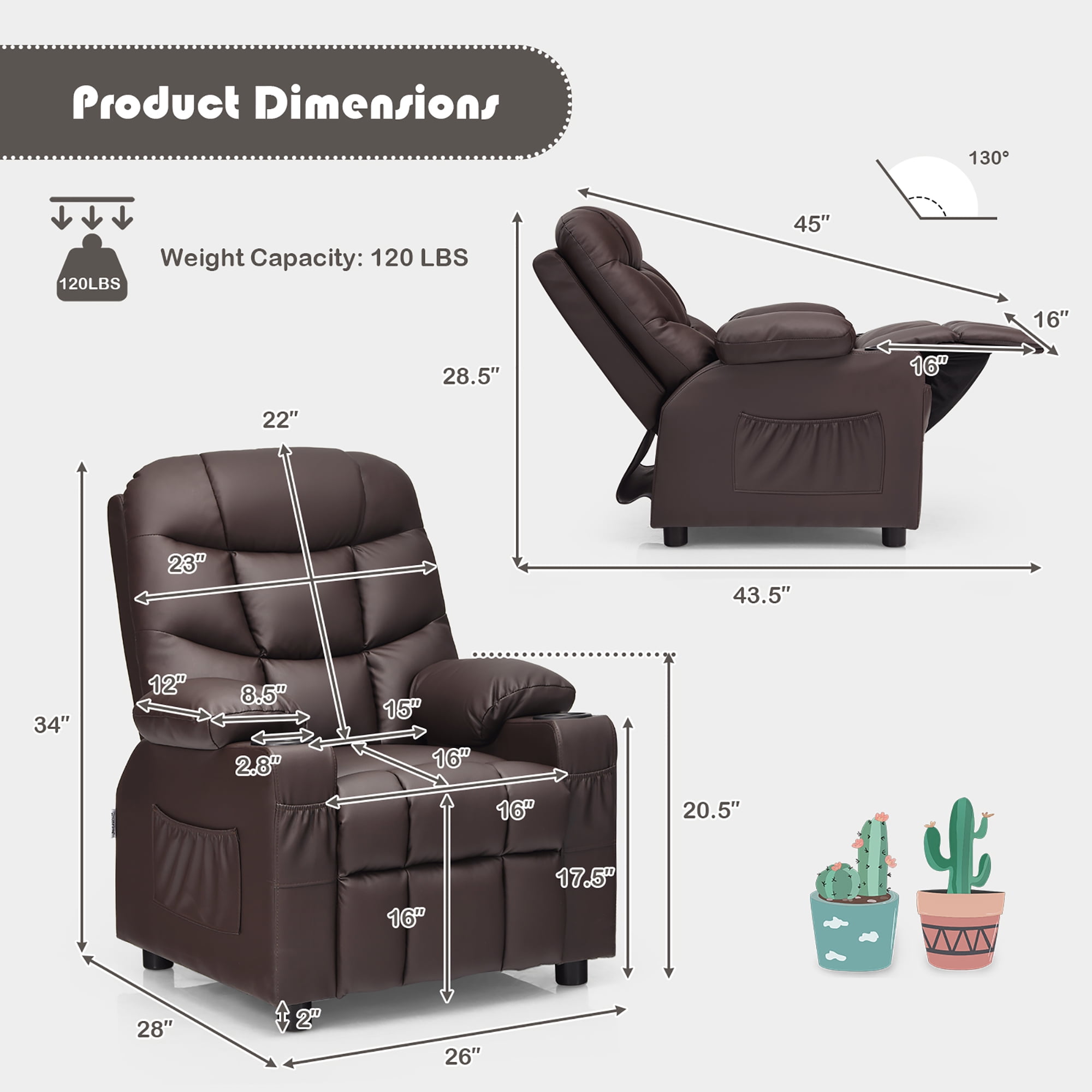 Costway Kids Youth Recliner Chair PU Leather w/Cup Holders & Side Pockets Brown - Image 5