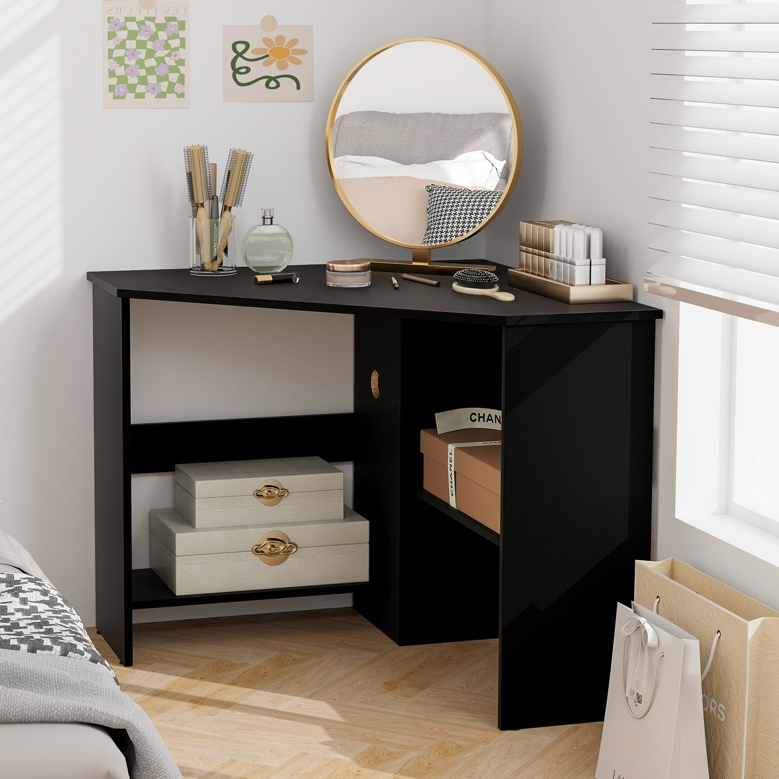 Costway Corner Computer Desk Triangle Writing Workstation w/ Storage Shelf Black - Image 7