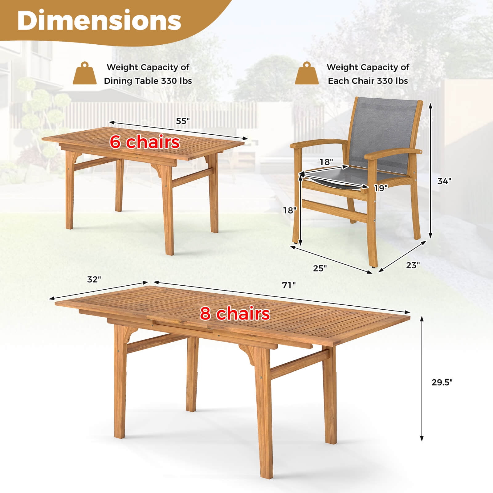 Costway 9 PCS Acacia Wood Outdoor Dining Set for 6-8 with 1.97 Natural + Gray - Image 10