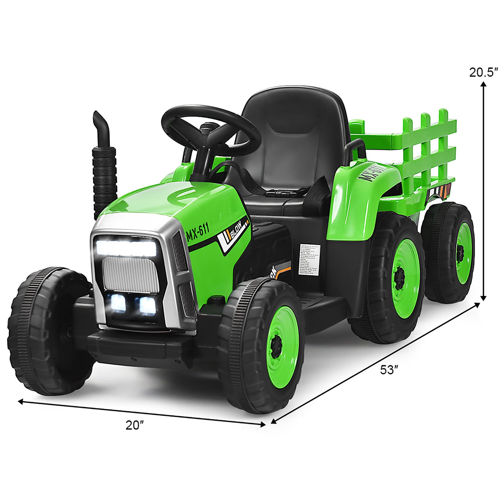 Costway 12V Kids Ride On Tractor with Trailer Ground Loader w/Remote Control &LED Lights Green - Image 5