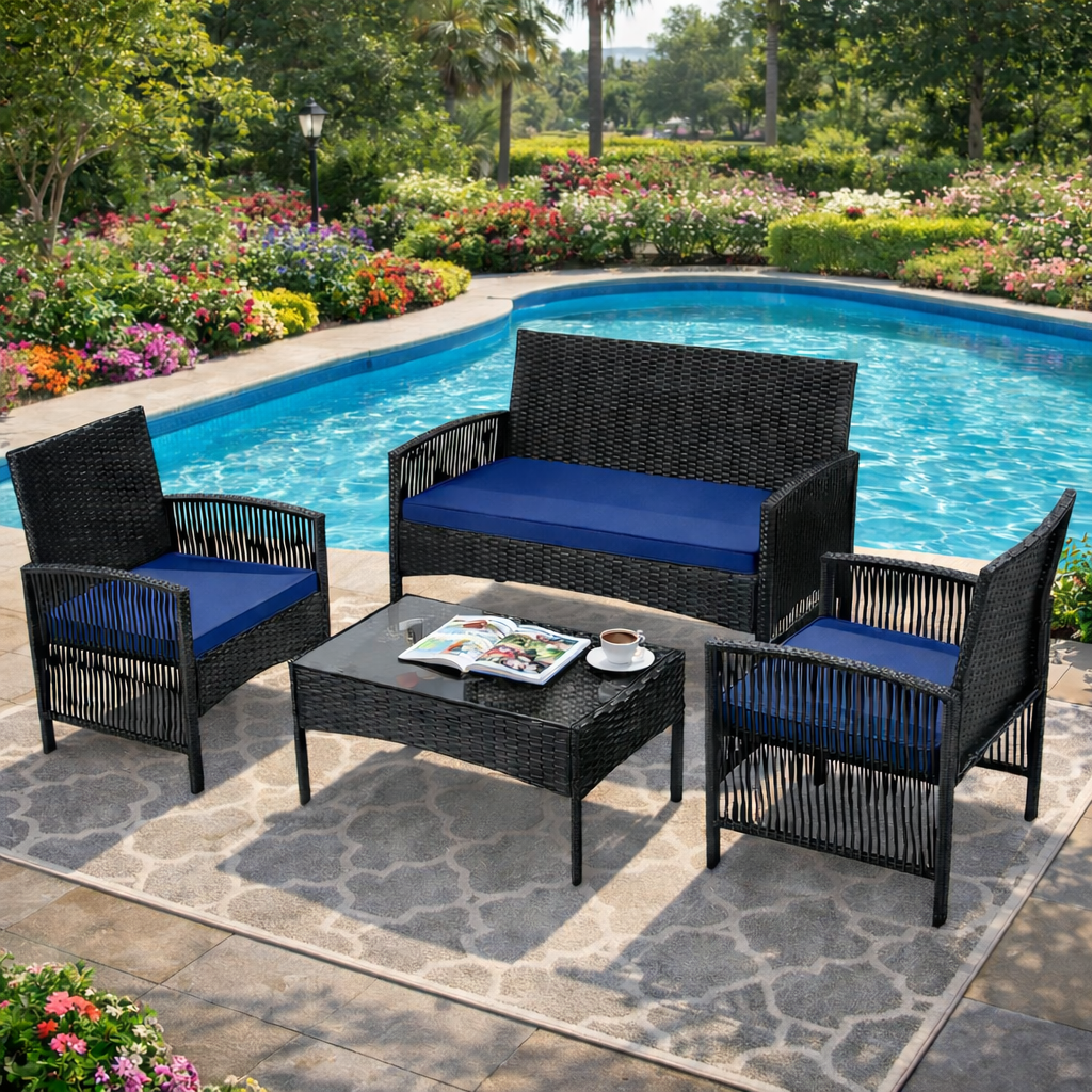 Patio Furniture Set on Sale, 4 Pieces Outdoor Rattan Conversation Sofa Set, All-Weather Wicker Patio Sets, Cushioned Sofa and Coffee Table for Garden Deck Courtyard, Nevy - Image 3