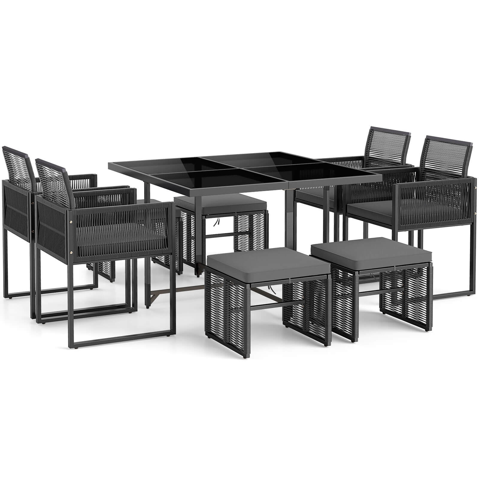 Costway 9 PCS Patio Dining Set with PE Rattan Chairs Tempered Glass Table and Ottomans - Image 8