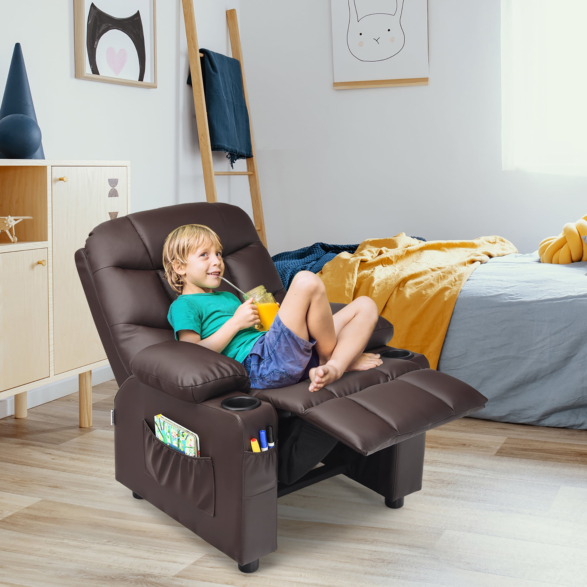 Costway Kids Youth Recliner Chair PU Leather w/Cup Holders & Side Pockets Brown - Image 2