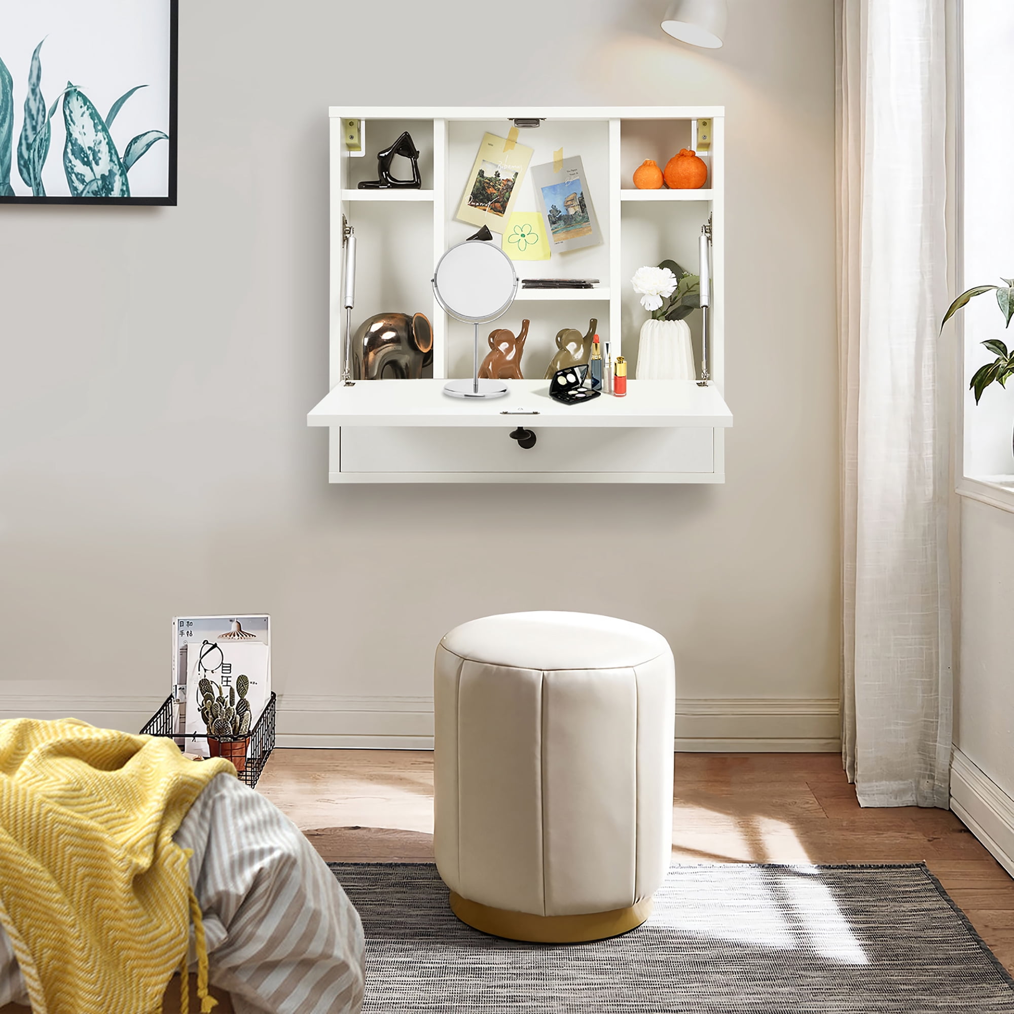 Costway Wall-Mount Floating Desk Foldable Space Saving Laptop Workstation White - Image 8