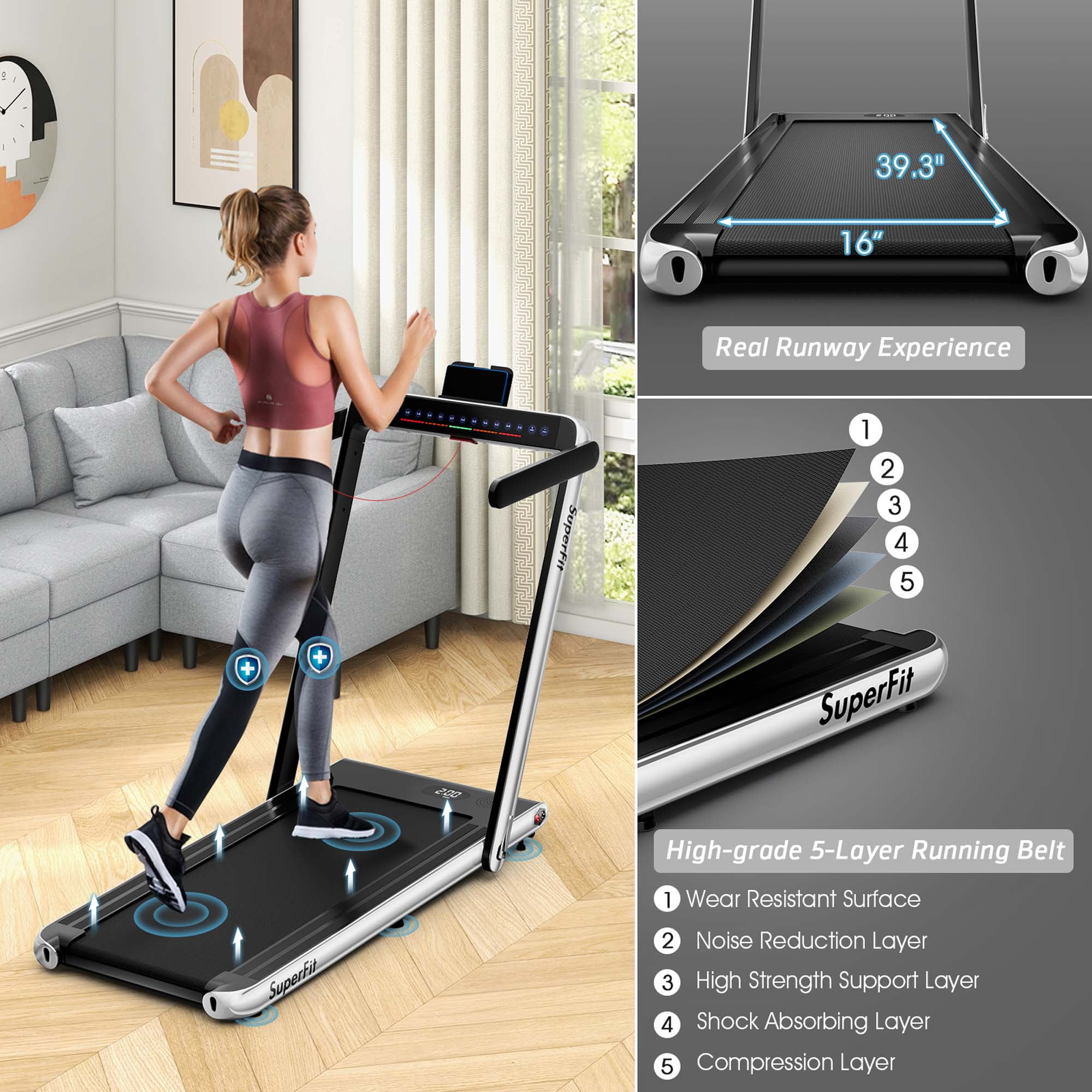 Costway Up To 7.5MPH 2.25HP 2 in 1 Dual Display Screen Treadmill Jogging Machine W/APP Control Silver - Image 2