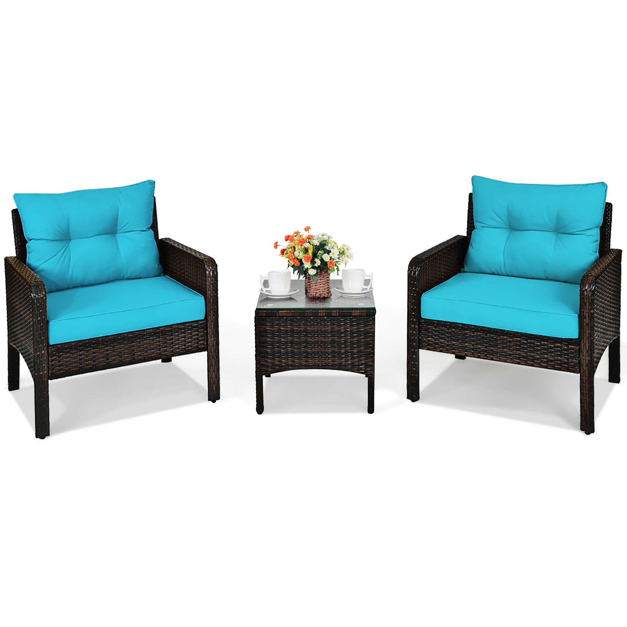 Costway 3PCS Outdoor Rattan Conversation Set Patio Garden Cushioned Sofa Chair Turquoise - Image 10