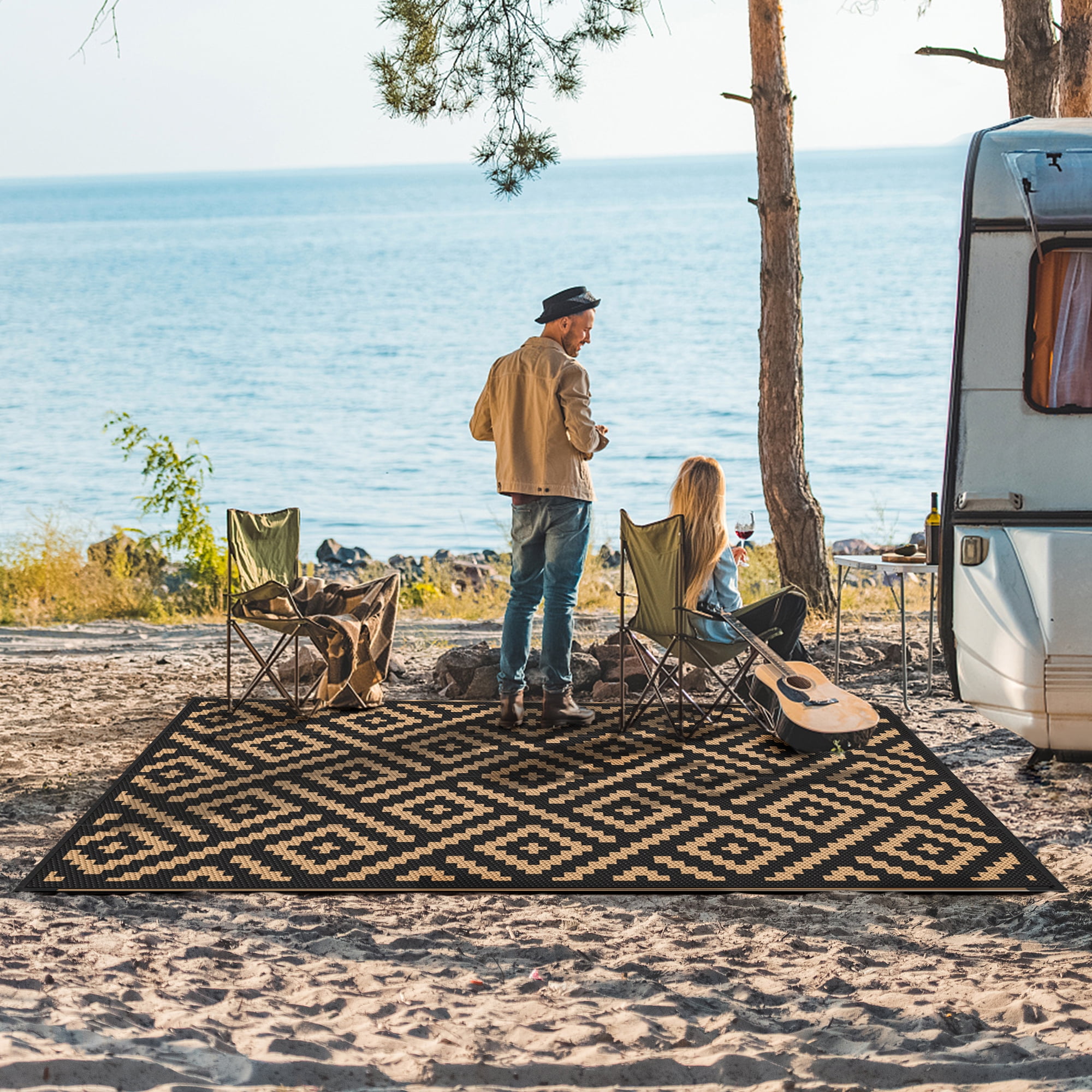 DEORAB Outdoor Rugs Waterproof Plastic Straw Mat 6'x9' Reversible for RV Patio Deck Beach Black & Brown - Image 3