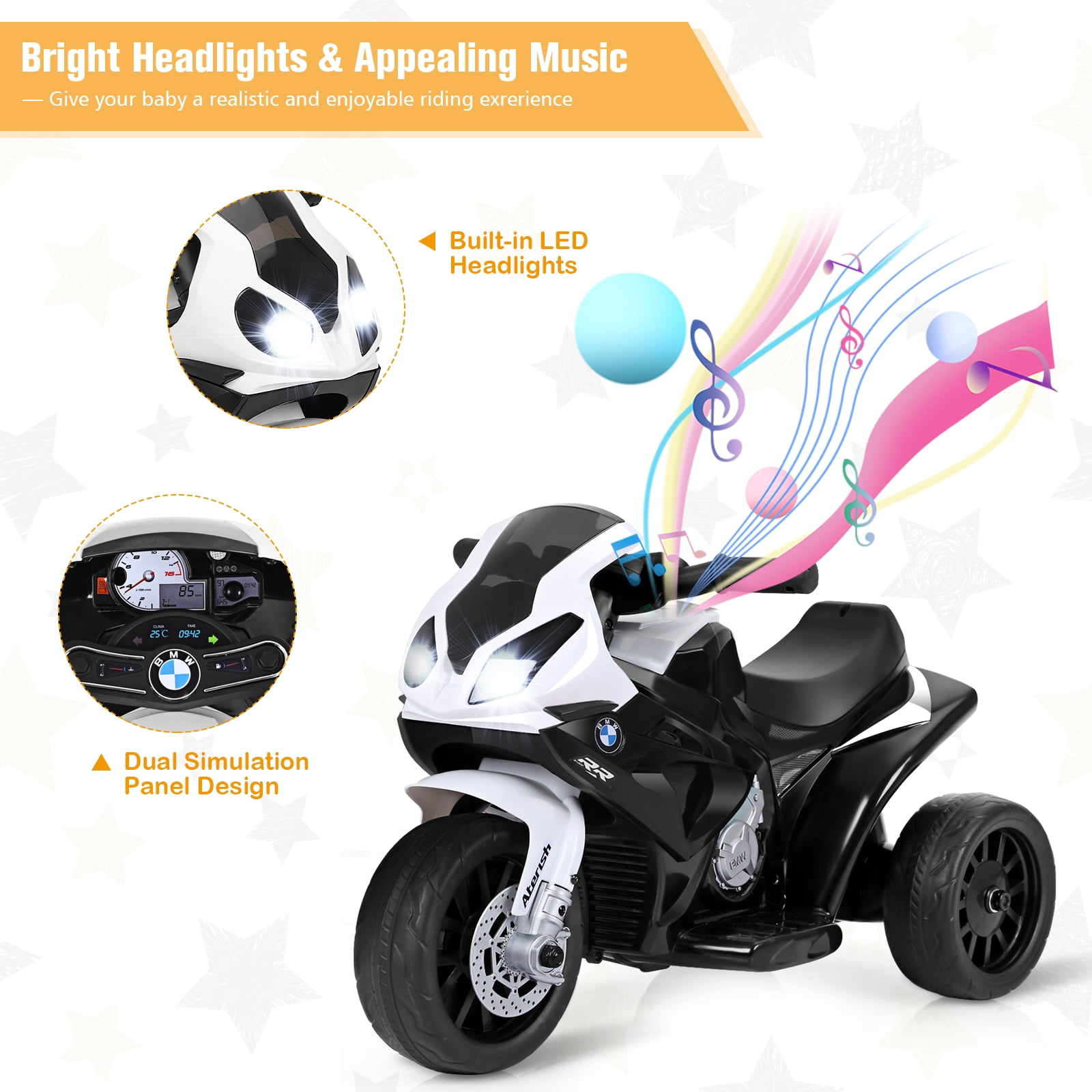 Costway Kids Ride On Motorcycle BMW Licensed 6V Electric 3 Wheels Bicycle Music & Light Black - Image 2