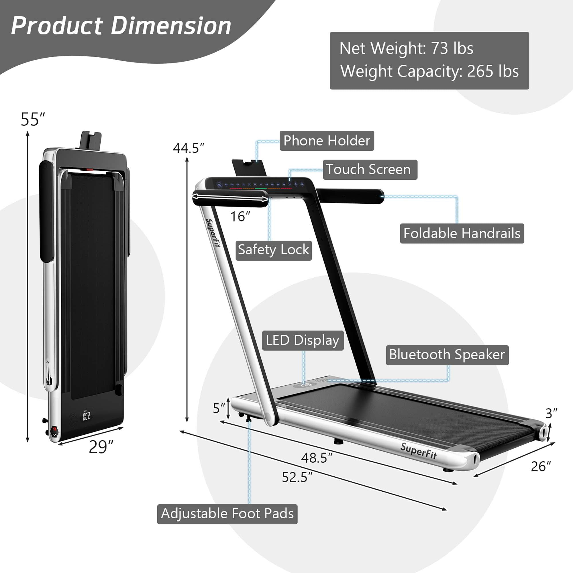 Costway Up To 7.5MPH 2.25HP 2 in 1 Dual Display Screen Treadmill Jogging Machine W/APP Control Silver - Image 3