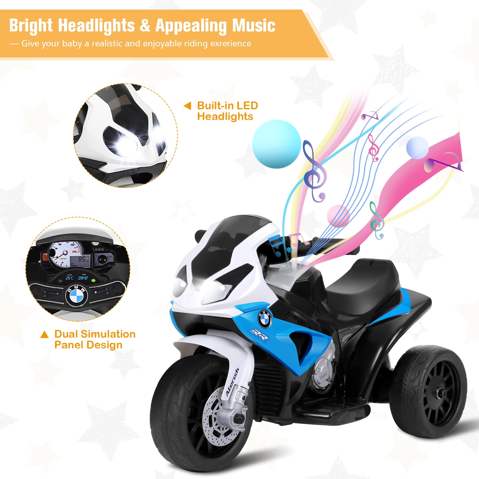 Costway Kids Ride On Motorcycle BMW Licensed 6V Electric 3 Wheels Bicycle Music & Light Blue - Image 2