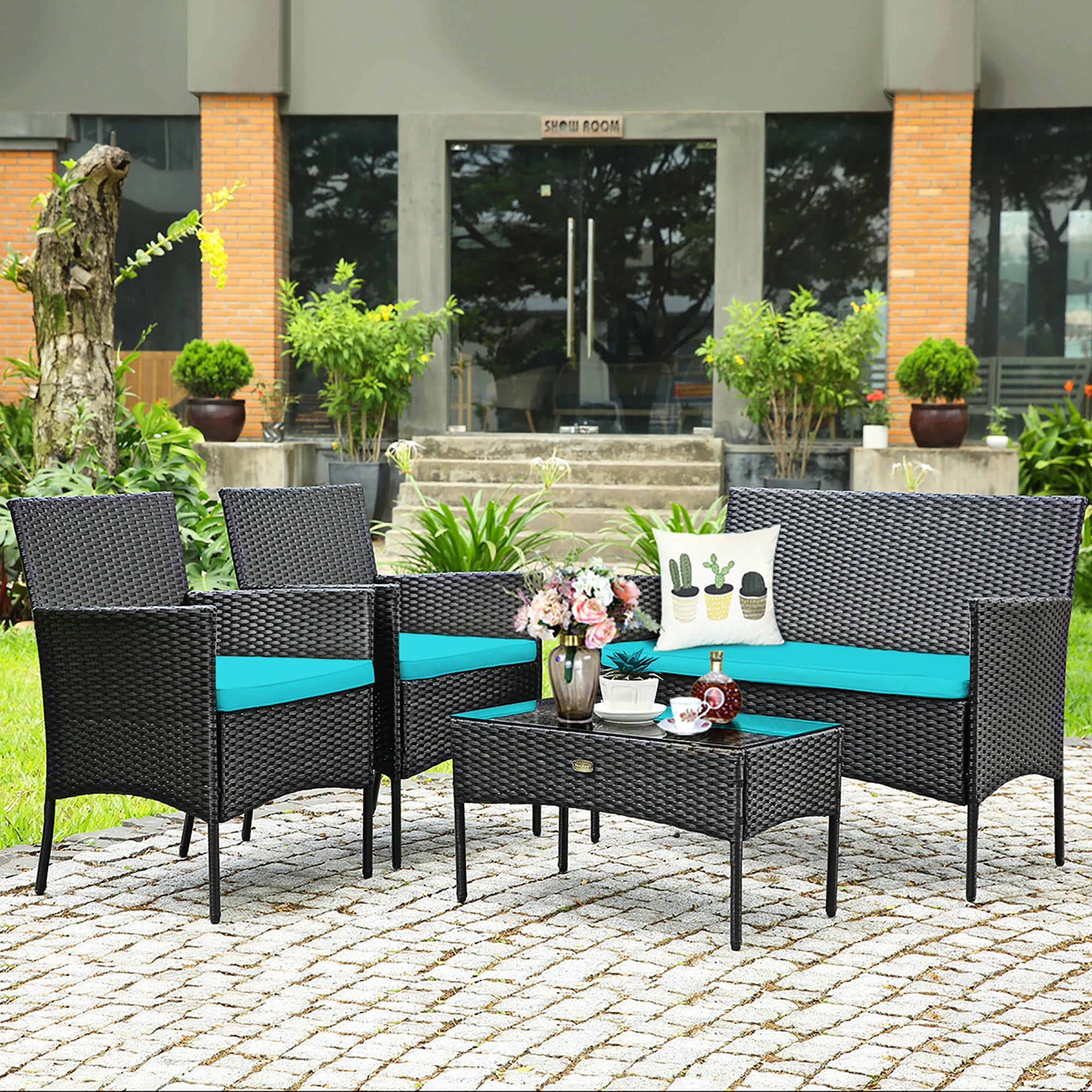 Costway 4PCS Patio Rattan Furniture Set Cushioned Sofa Coffee Table Backyard Turquoise - Image 6