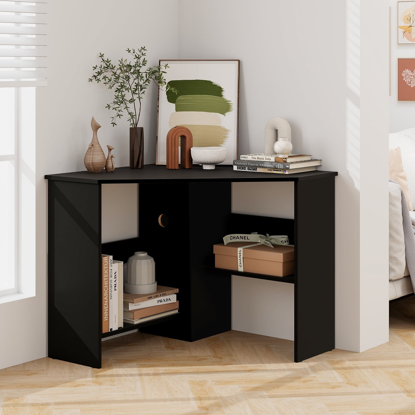 Costway Corner Computer Desk Triangle Writing Workstation w/ Storage Shelf Black - Image 4