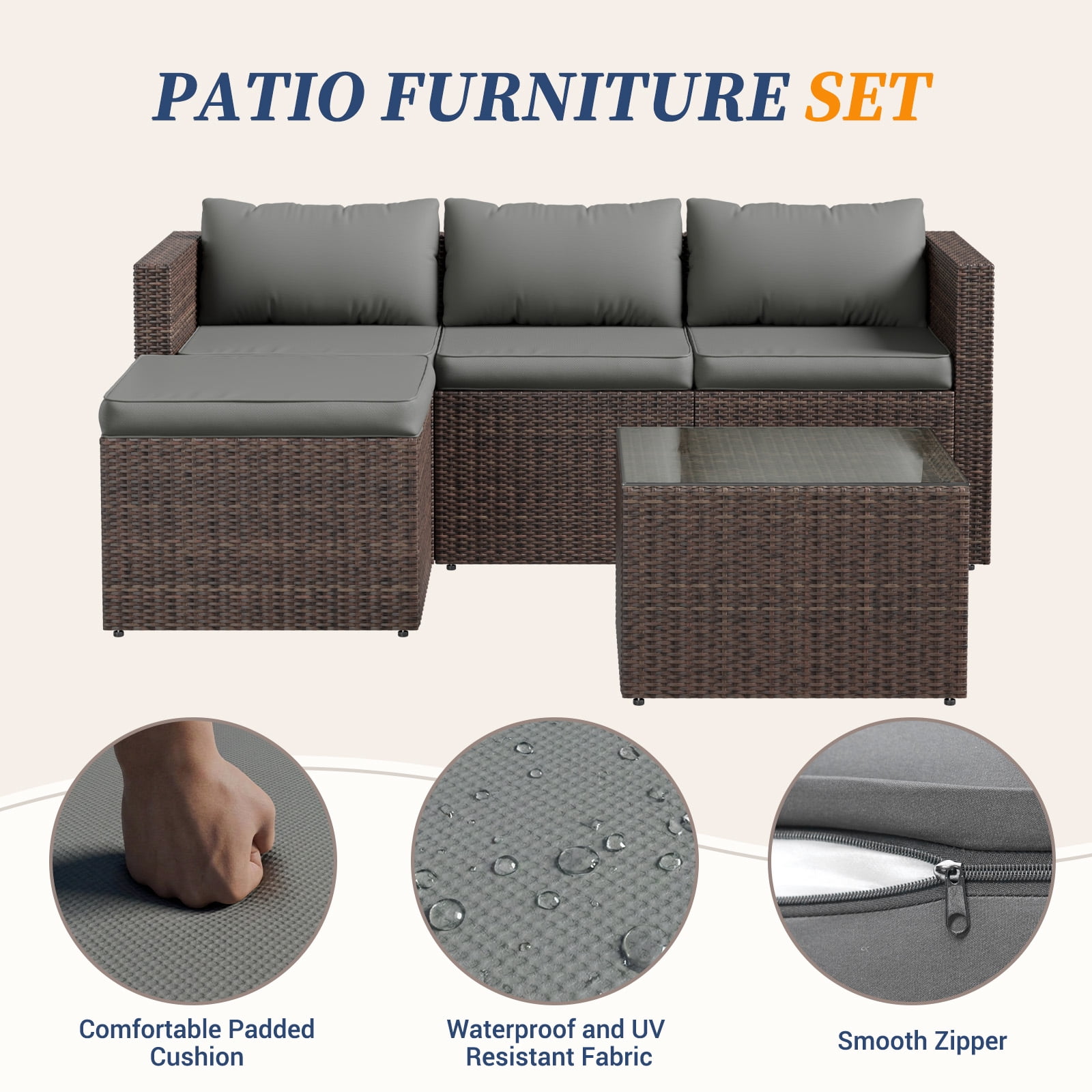 ELPOSUN 5-Piece Patio Furniture Set,Patio Conversation Set All-Weather Wicker Outdoor Sectional Sofa Set with Table & Cushions, Grey - Image 5