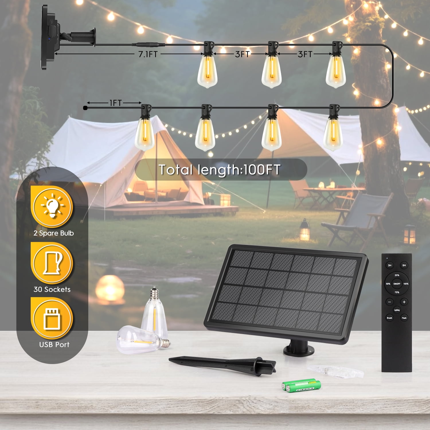 100FT Solar String Lights Outdoor Waterproof, Patio Lights with Remote Control & 30+2 Dimmable ST38 Edison Bulbs Shatterproof,Solar Powered String Lights for Outside Garden Backyard - Image 3