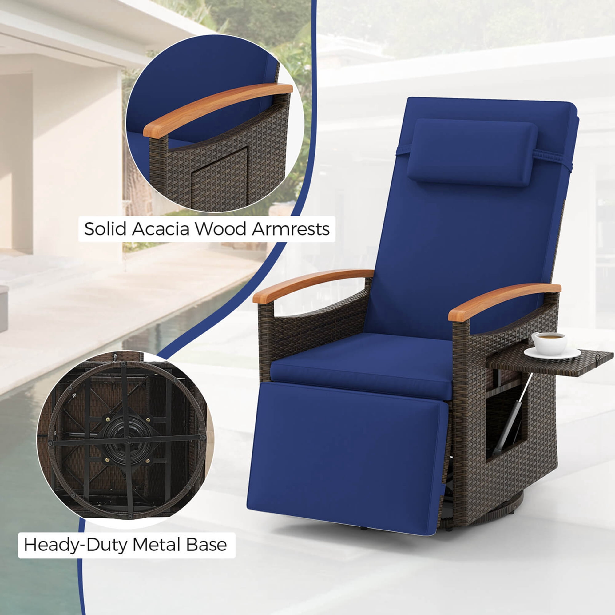 Costway Outdoor 360° Swivel Rattan Recliner Chair Patio Wicker Chaise Lounge Chair Navy - Image 3