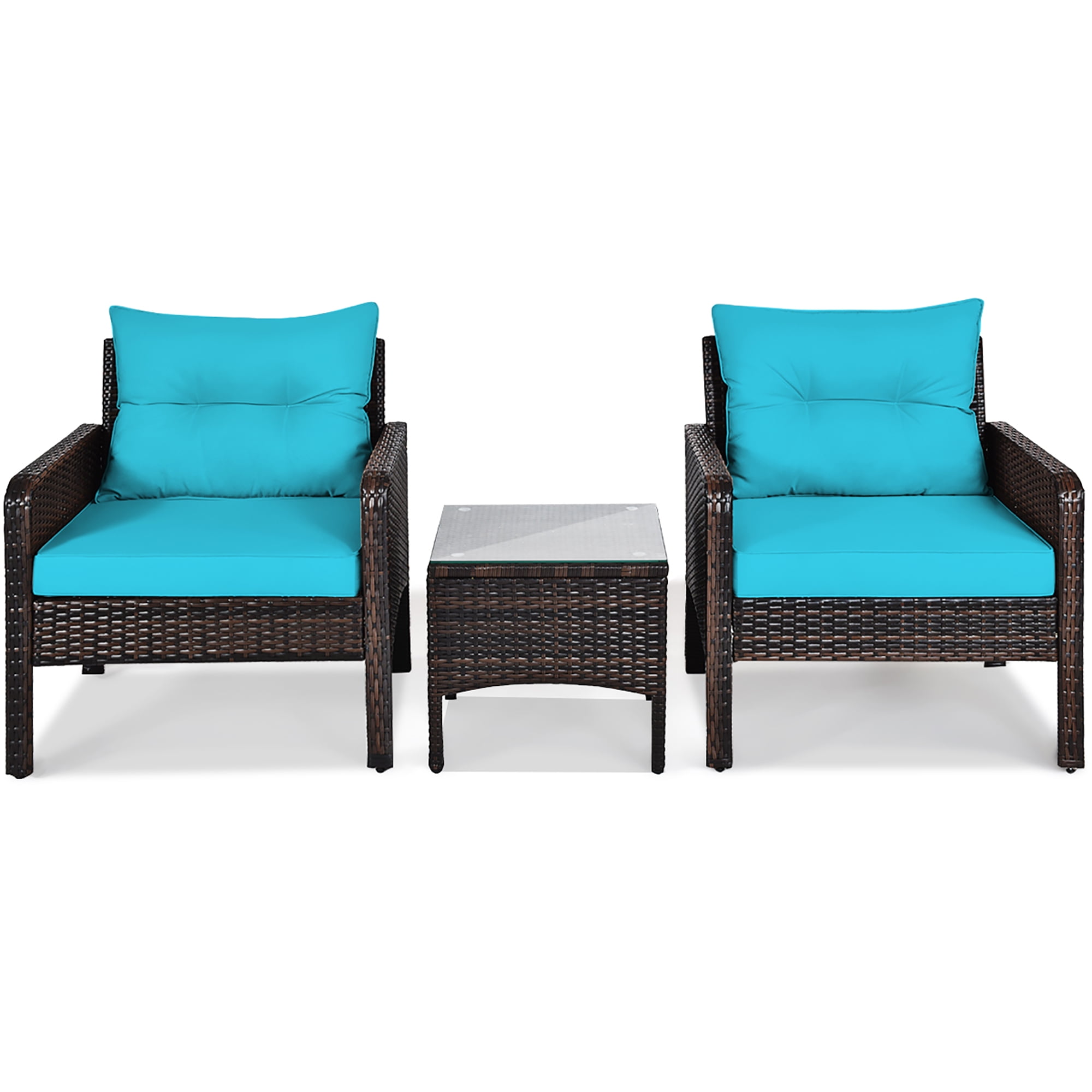 Costway 3PCS Outdoor Rattan Conversation Set Patio Garden Cushioned Sofa Chair Turquoise - Image 7