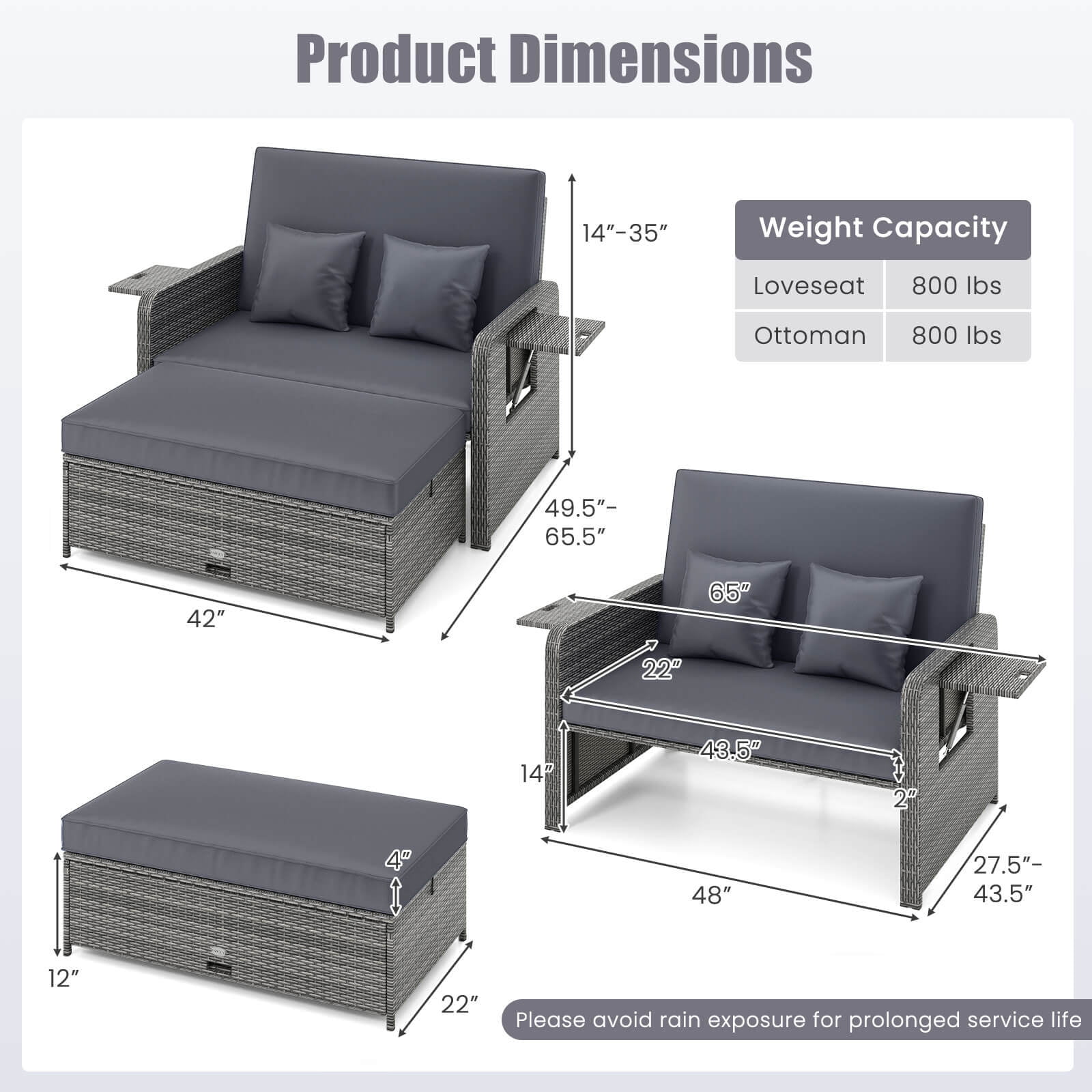 Costway Wicker Outdoor Patio Dining Set with Ottoman and Retractable Side Tray, Gray - Image 10