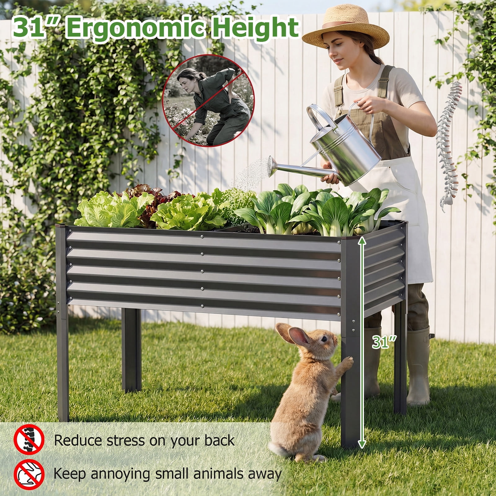 Costway 1 PCS Galvanized Raised Garden Bed with Legs, Metal Elevated Planter Box for Vegetables Gray - Image 5