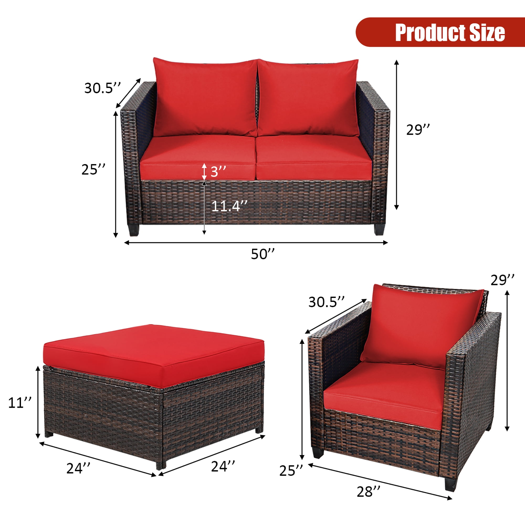 Costway 5PCS Patio Rattan Furniture Set Loveseat Sofa Ottoman Cushioned Red - Image 6