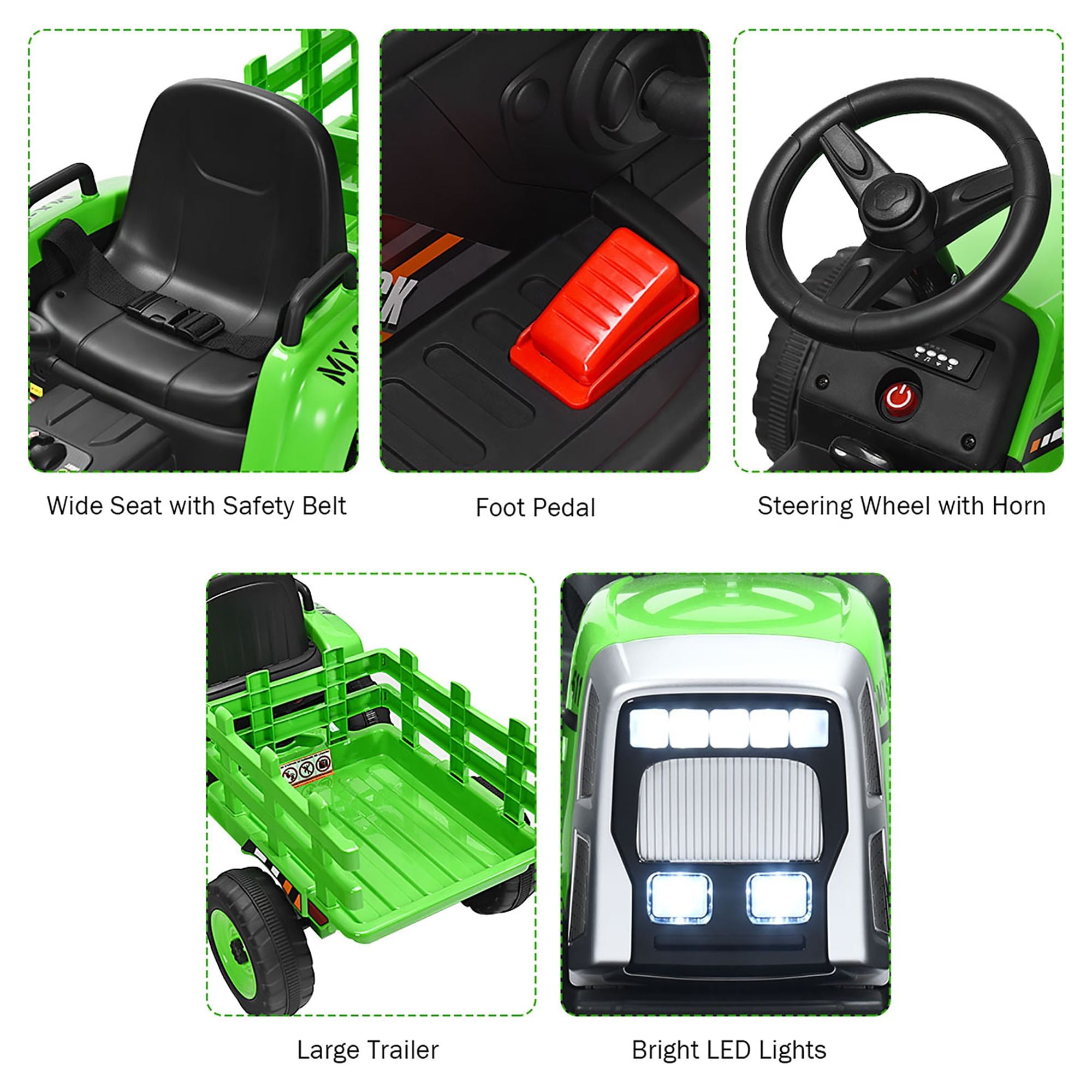 Costway 12V Kids Ride On Tractor with Trailer Ground Loader w/Remote Control &LED Lights Green - Image 9