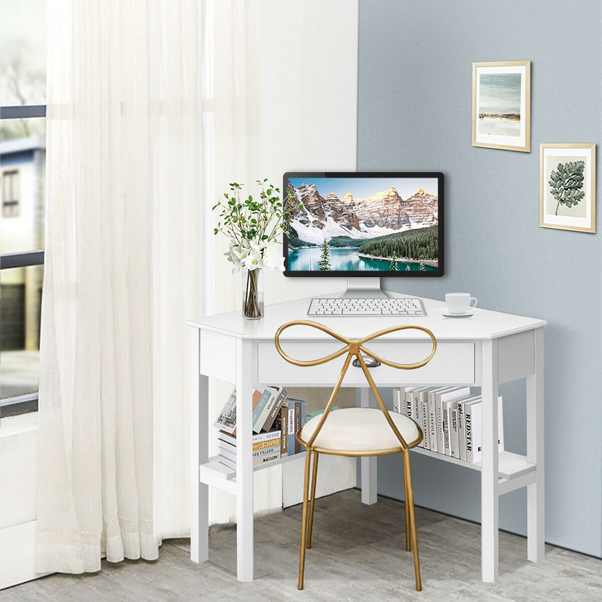 Costway Triangle Computer Desk Corner Office Desk Laptop Table w/ Drawer Shelves Rustic White - Image 6