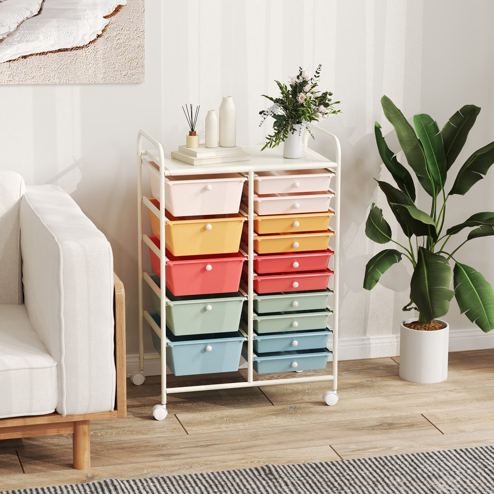 Costway 15 Drawer Art & Craft Rolling Storage Cart Tools Scrapbook Paper Office School Organizer Macaron - Image 4