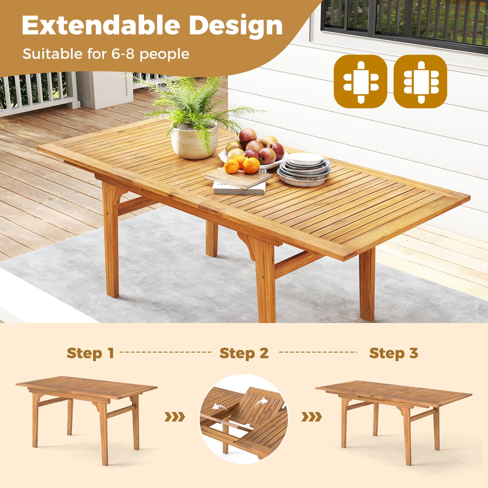 Costway 9 PCS Acacia Wood Outdoor Dining Set for 6-8 with 1.97 Natural + Gray - Image 4