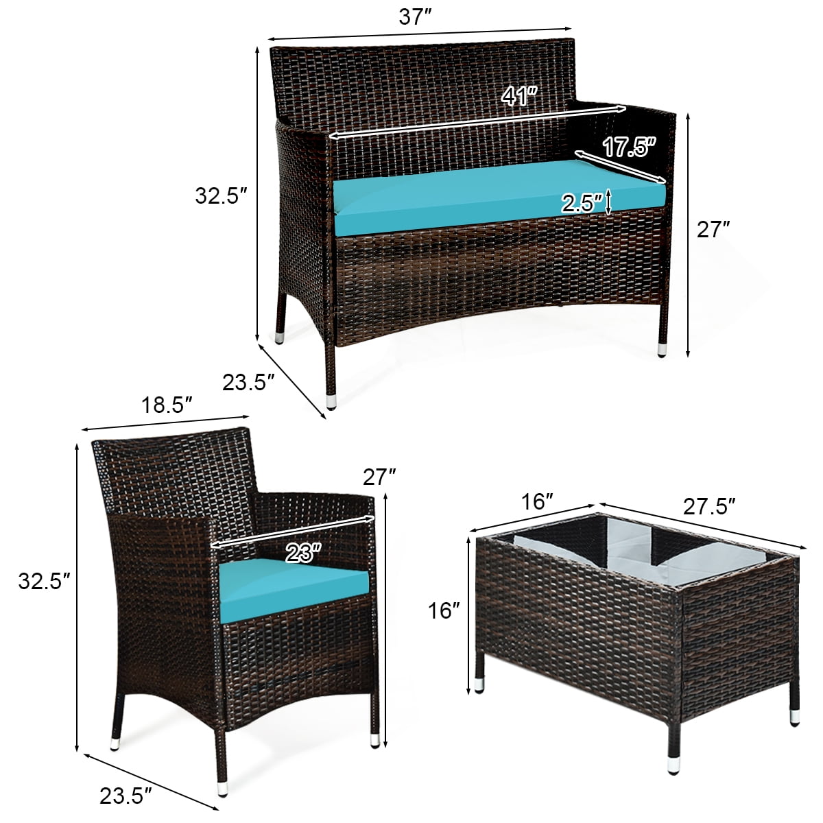 Costway 4PCS Patio Rattan Furniture Set Cushioned Sofa Coffee Table Backyard Turquoise - Image 4