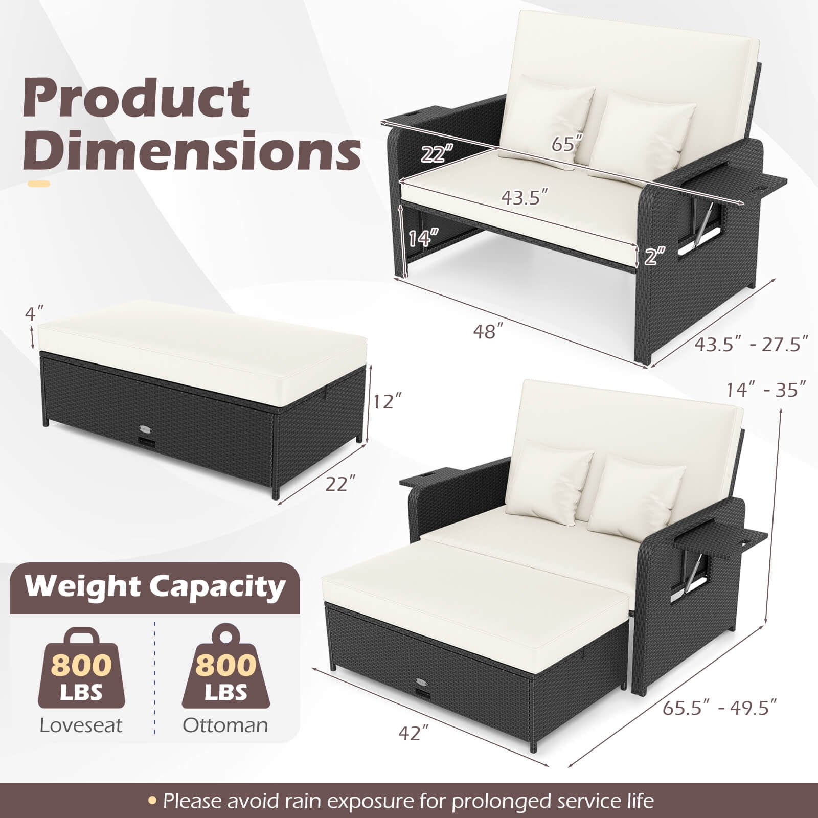 Costway 2 PCS PE Wicker Outdoor Daybed with 4-Level Adjustable Backrest, Storage Ottoman White + Black - Image 10