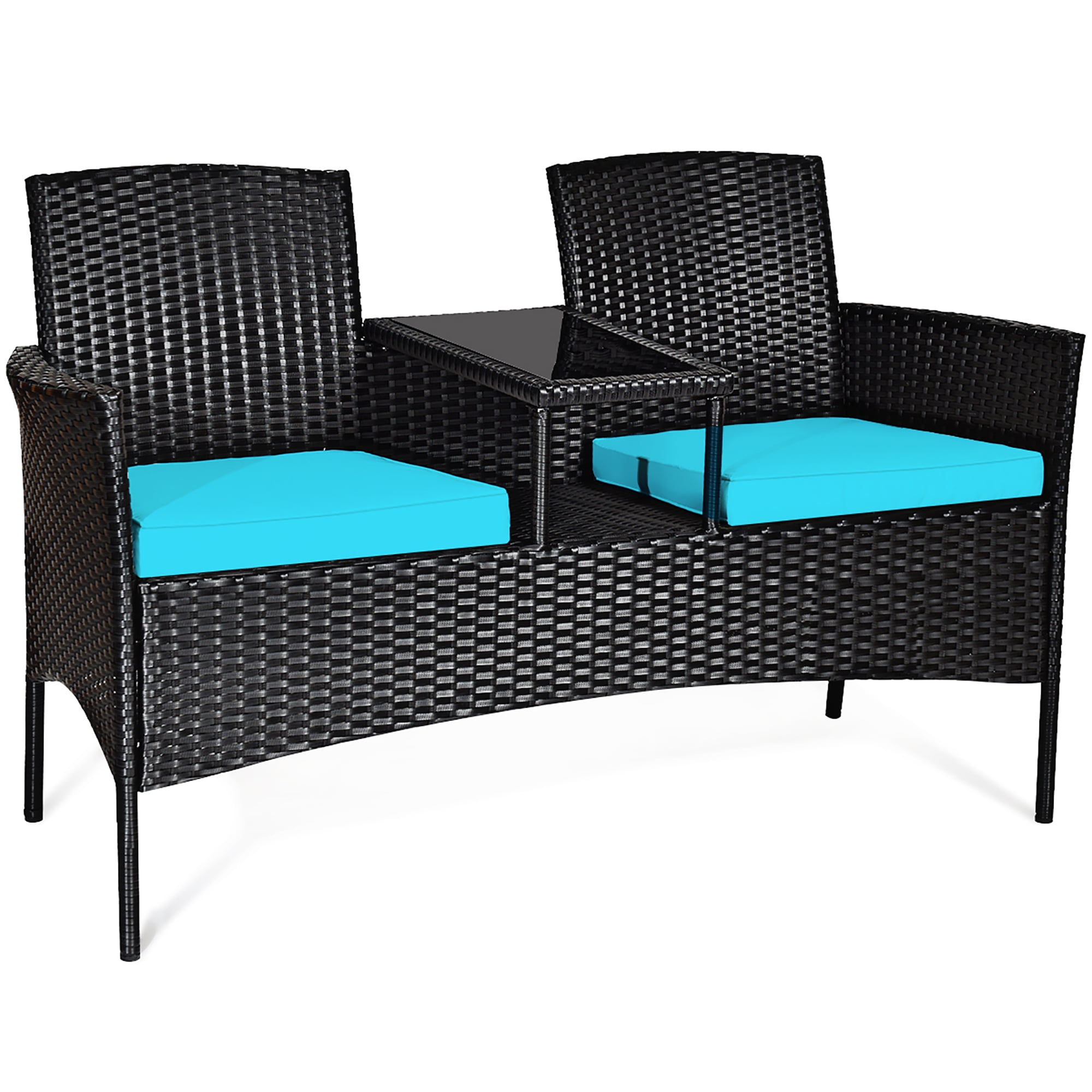 Costway Patio Rattan Conversation Set Seat Sofa Cushioned Loveseat Chairs Turquoise - Image 10