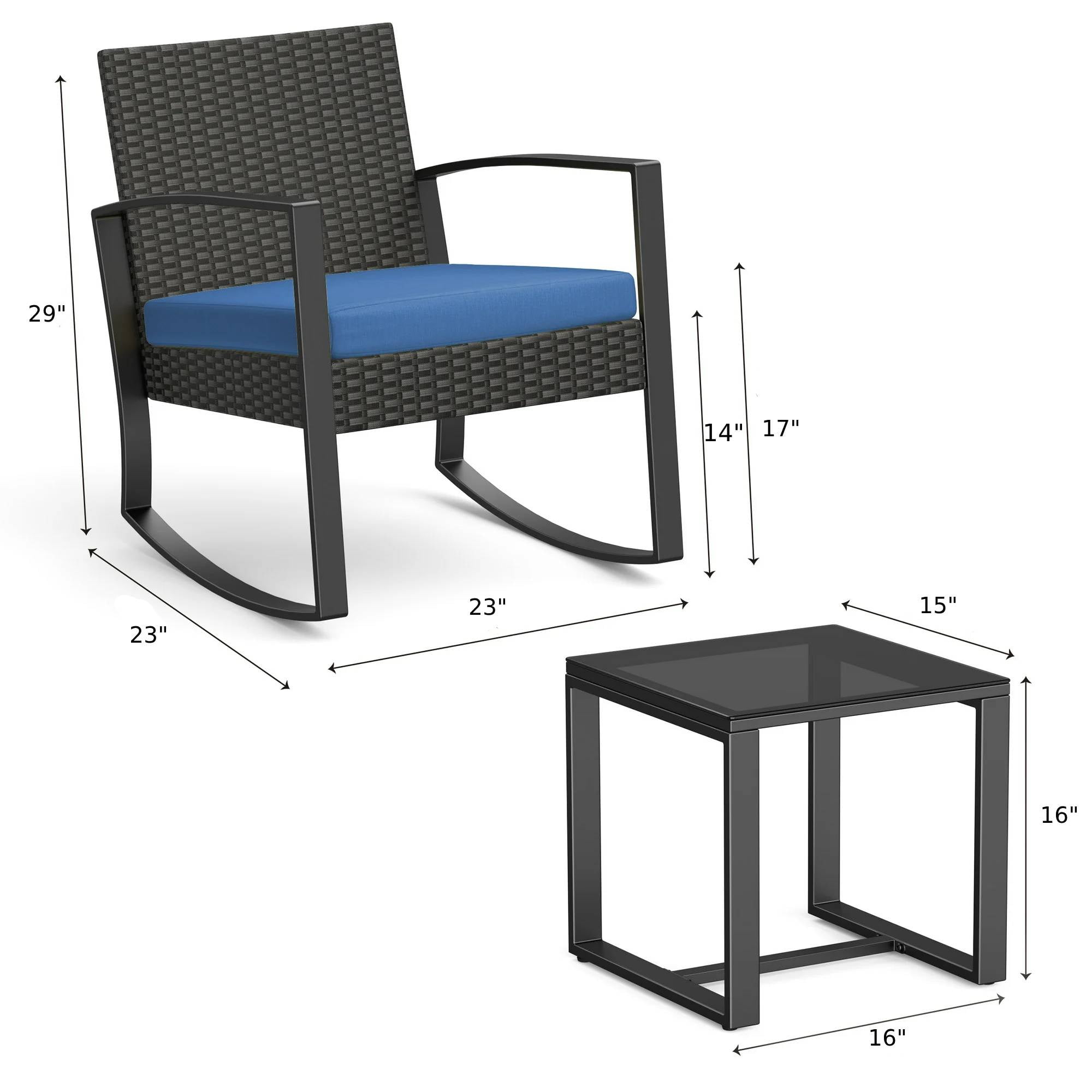 Lofka 3 Pieces Patio Bistro Chairs Set Outdoor Patio Furniture Sets with a Coffee Table, for Patio, Garden and Bistro, Blue Cushion - Image 5