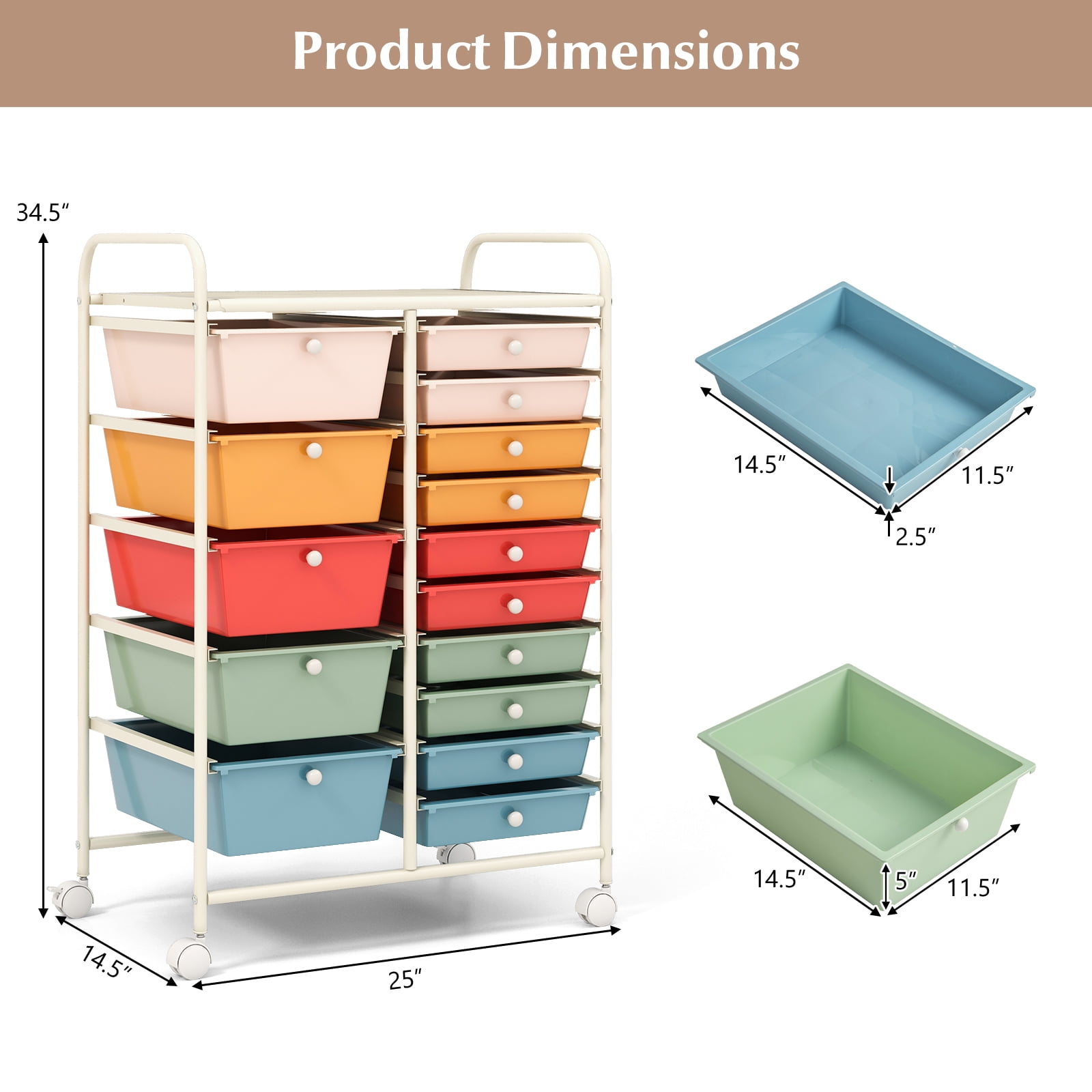 Costway 15 Drawer Art & Craft Rolling Storage Cart Tools Scrapbook Paper Office School Organizer Macaron - Image 5