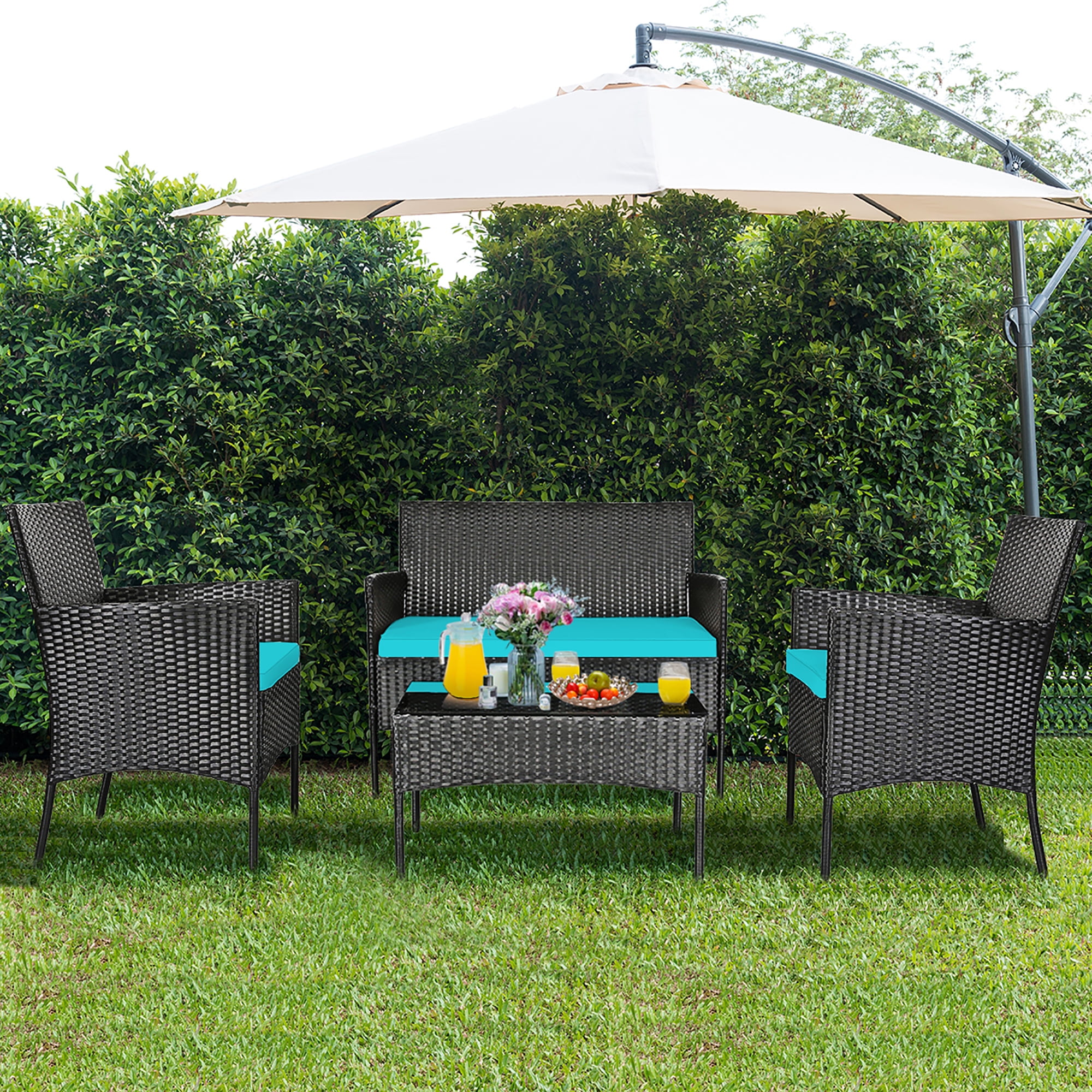 Costway 4PCS Patio Rattan Furniture Set Cushioned Sofa Coffee Table Backyard Turquoise - Image 3