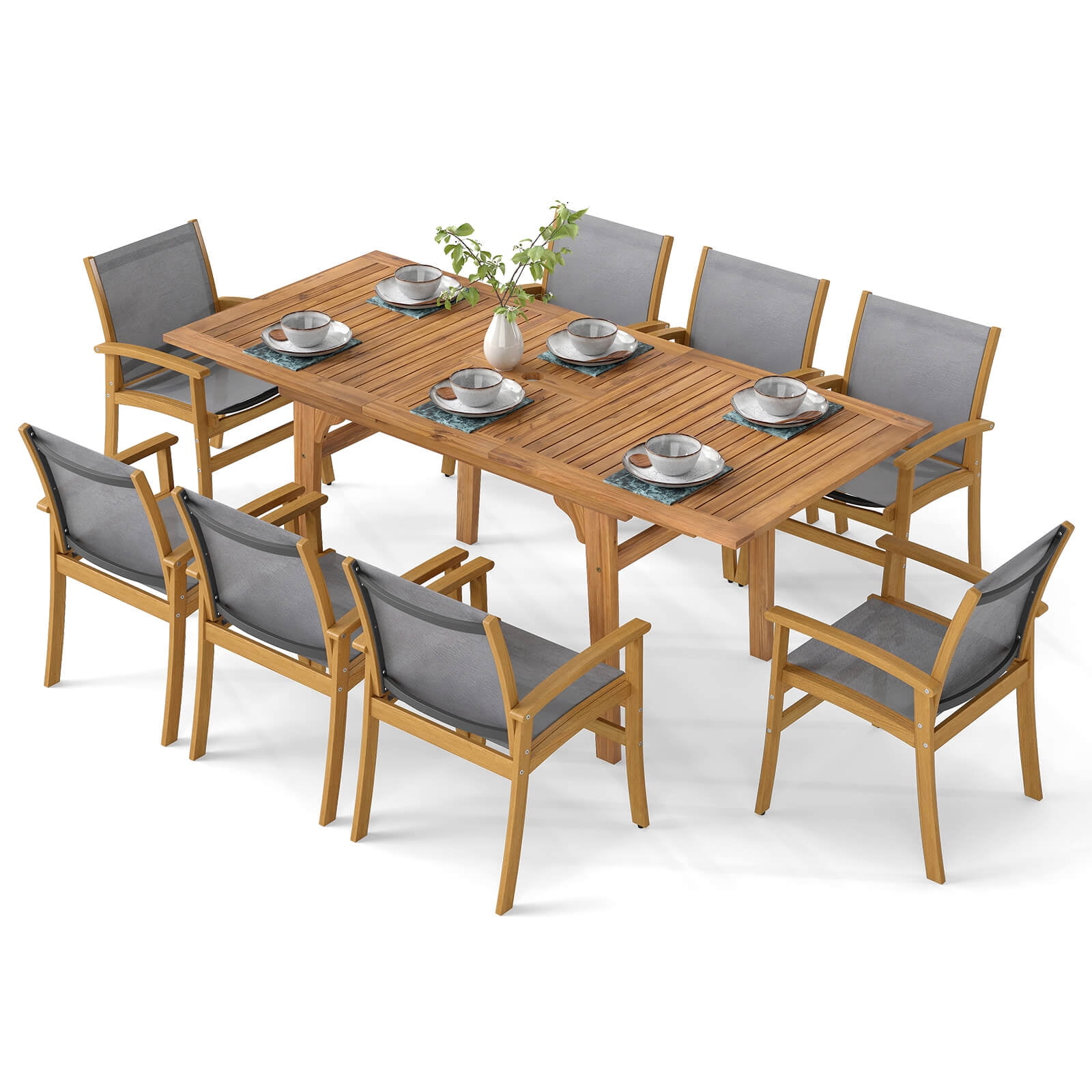 Costway 9 PCS Acacia Wood Outdoor Dining Set for 6-8 with 1.97 Natural + Gray - Image 7