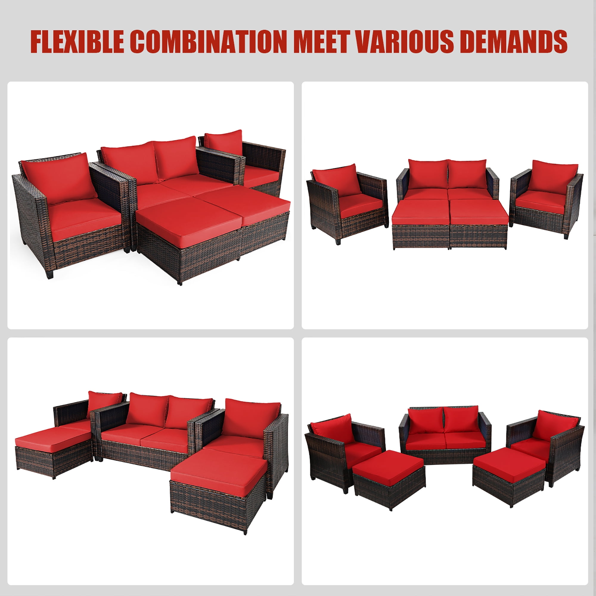 Costway 5PCS Patio Rattan Furniture Set Loveseat Sofa Ottoman Cushioned Red - Image 2