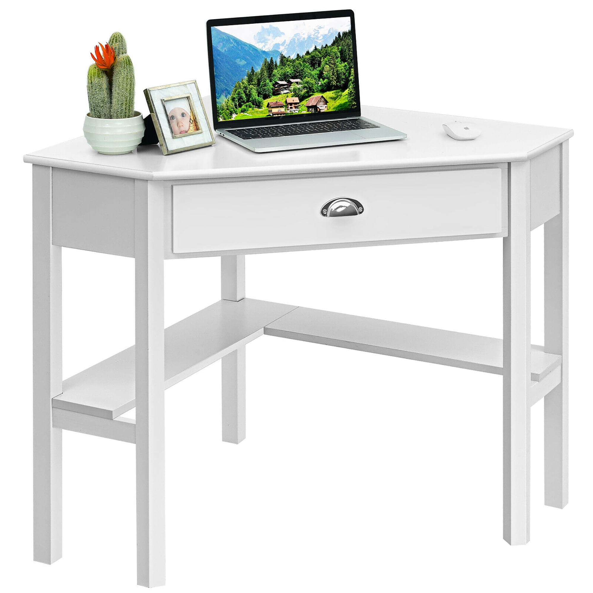 Costway Triangle Computer Desk Corner Office Desk Laptop Table w/ Drawer Shelves Rustic White - Image 8