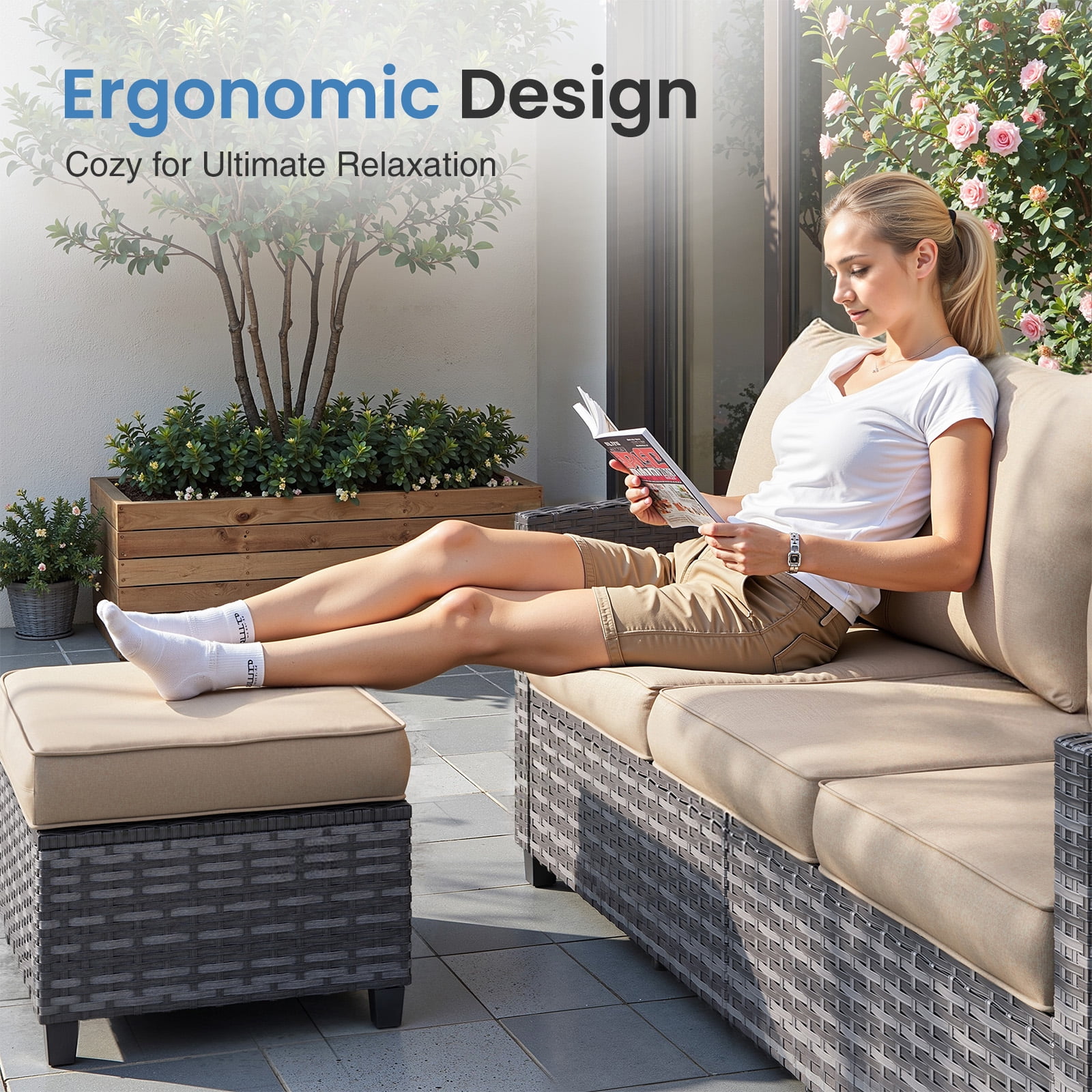 ELPOSUN Patio Furniture Set, 6 Pieces Outdoor Patio Set, All-Weather Wicker Rattan Outdoor Furniture Set with Swivel Chairs for Poolside, Backyard, Gray Wicker Khaki Cushions - Image 2