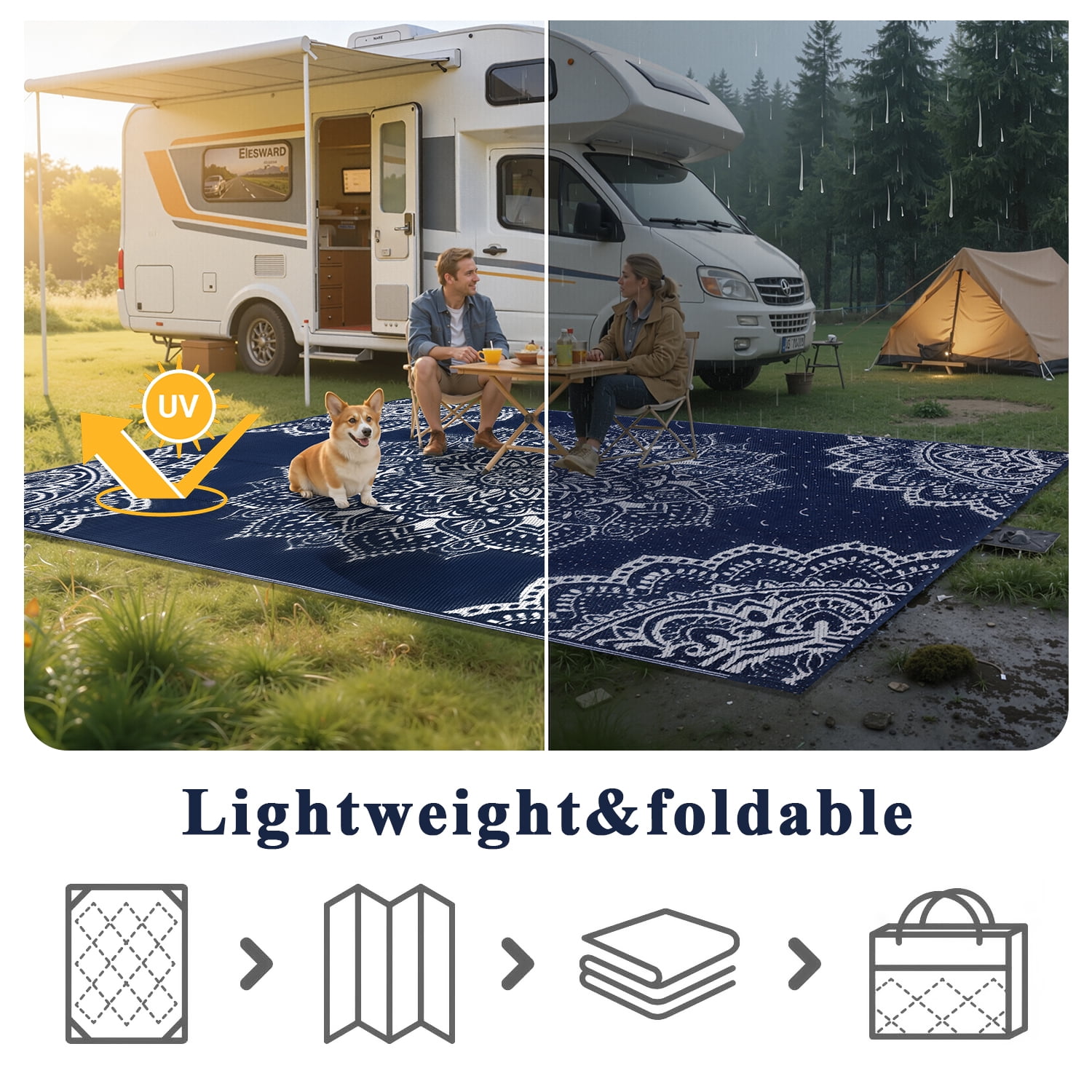 Findosom 6'x9' Outdoor Rug Large Patios Rug RV Outdoor Rug Waterproof Foldable Portable Camping Rugs Reversible Plastic Straw Rug Outdoor Area Rug for Camping, RV, Balcony, Patio, Picnic, Beach Blue - Image 8
