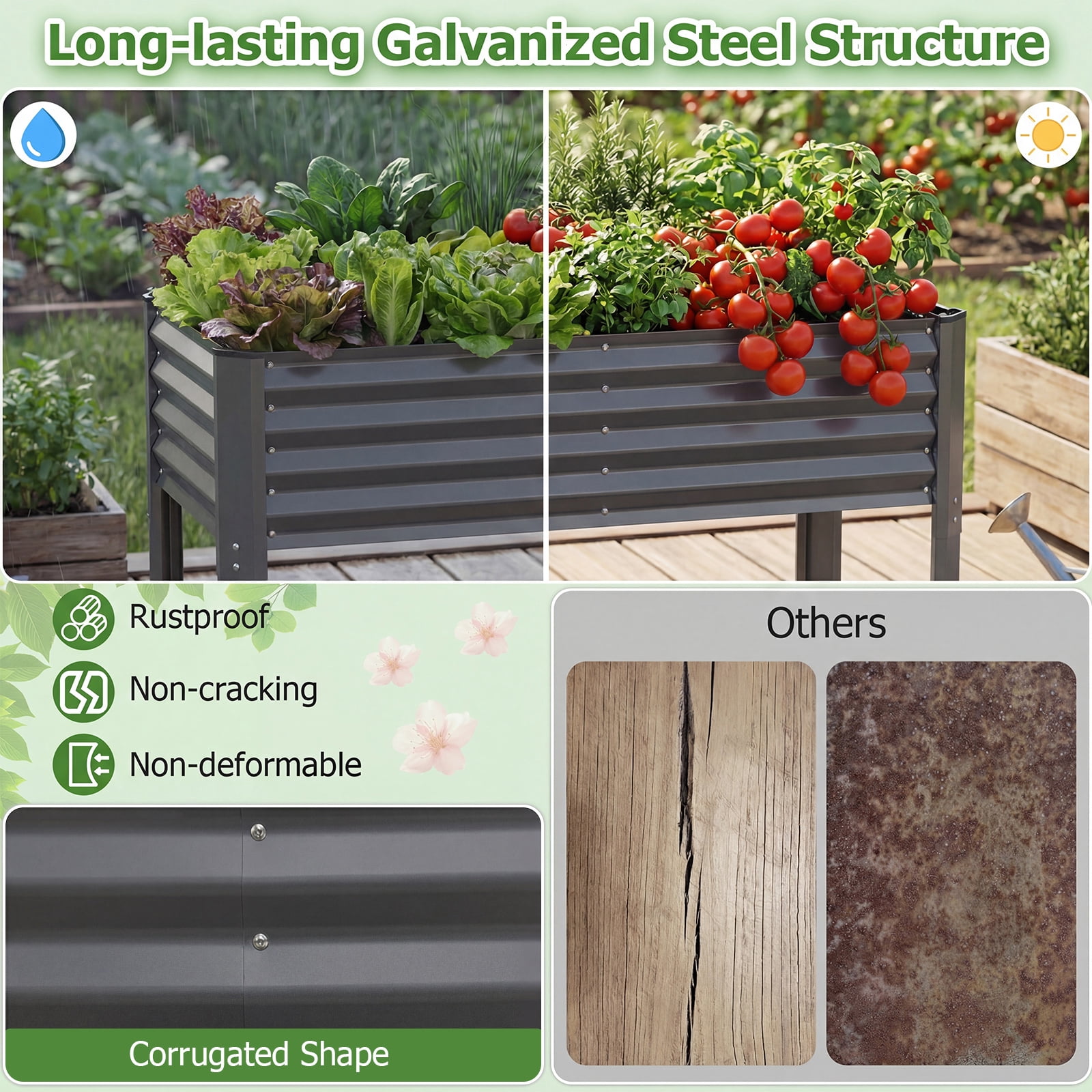 Costway 1 PCS Galvanized Raised Garden Bed with Legs, Metal Elevated Planter Box for Vegetables Gray - Image 2