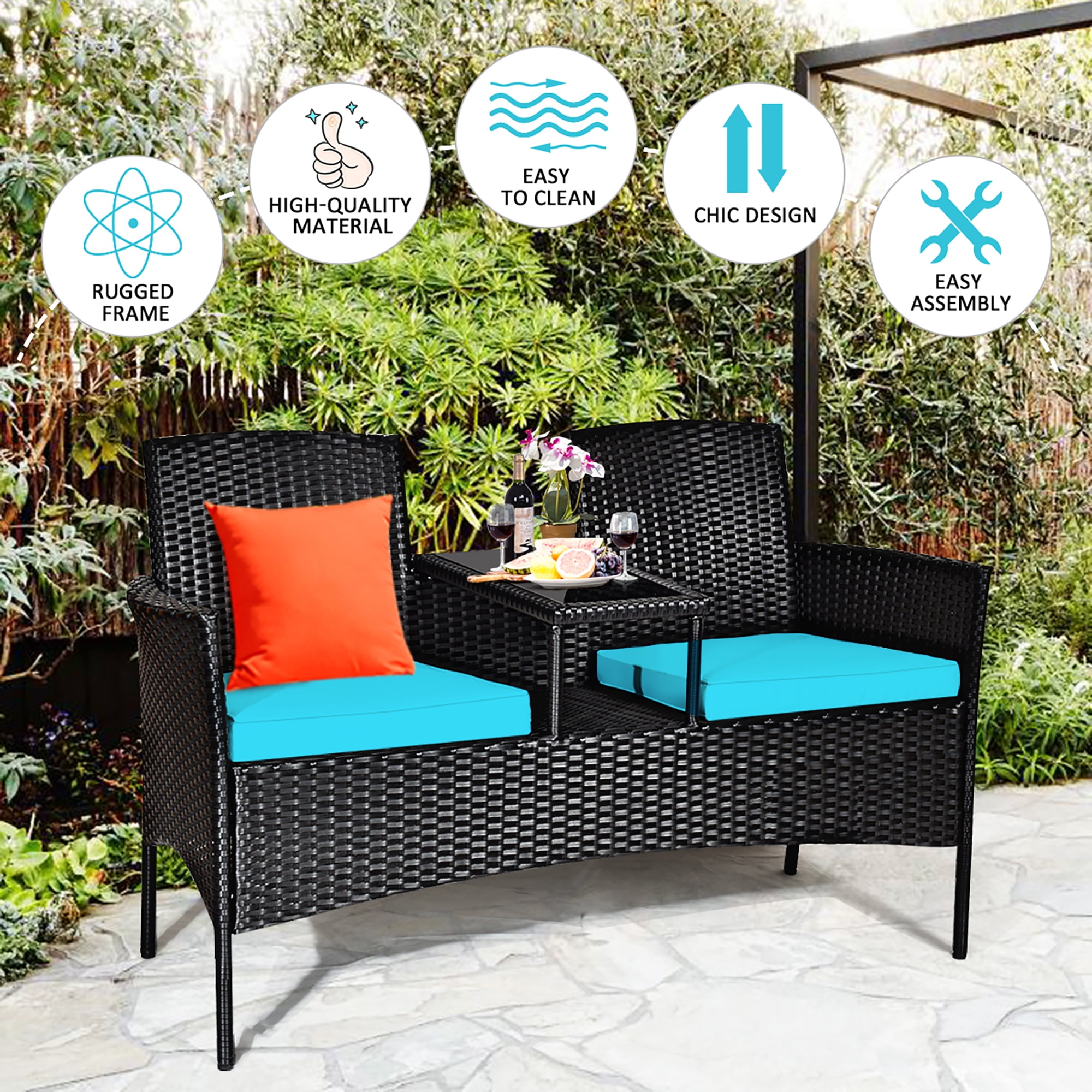 Costway Patio Rattan Conversation Set Seat Sofa Cushioned Loveseat Chairs Turquoise - Image 9