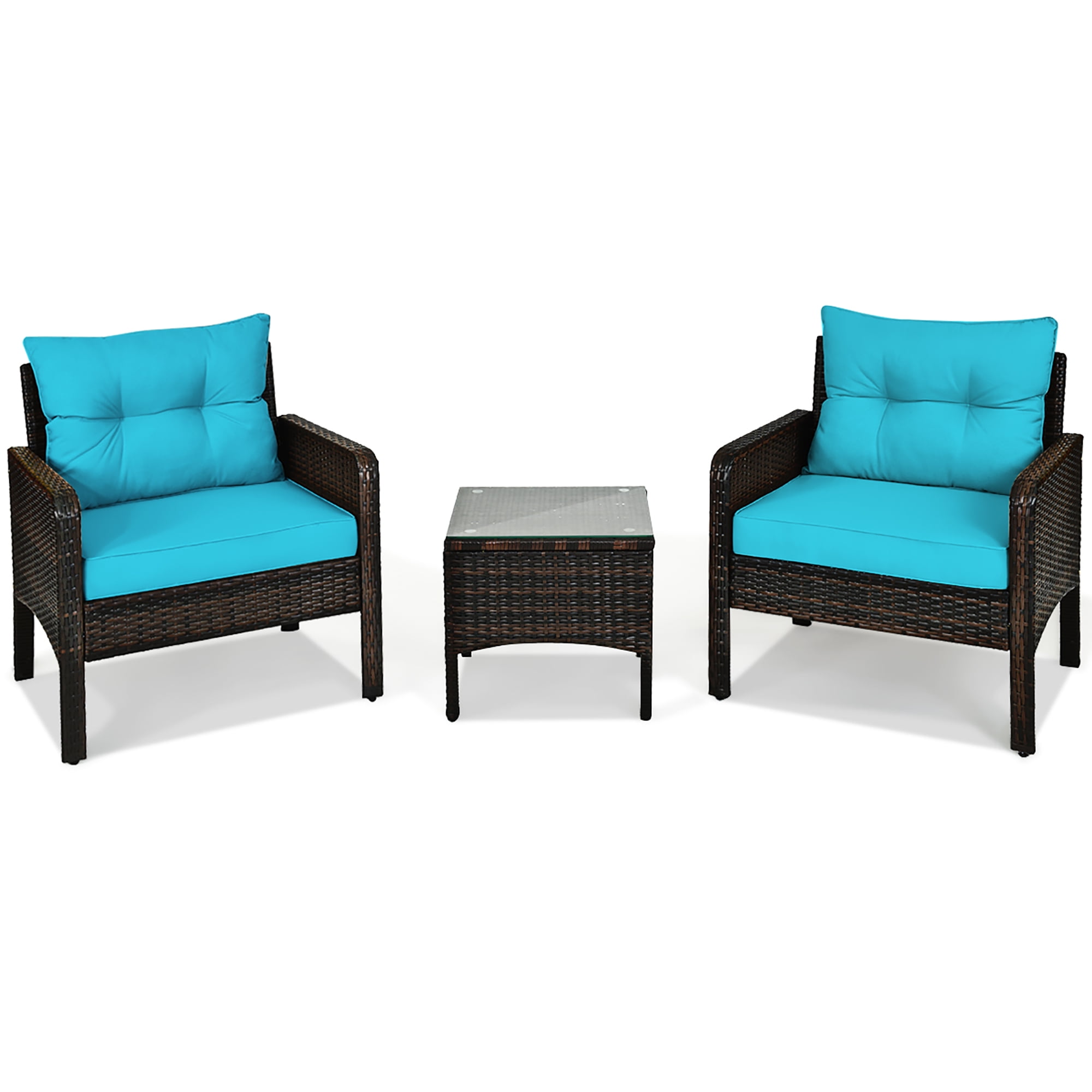 Costway 3PCS Outdoor Rattan Conversation Set Patio Garden Cushioned Sofa Chair Turquoise - Image 6