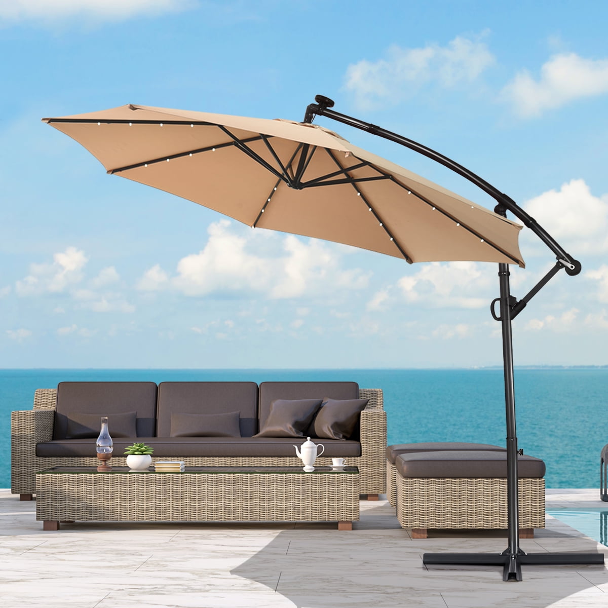 Costway 10FT Patio Umbrella Solar Powered LED 360degrees Rotation Beige - Image 7