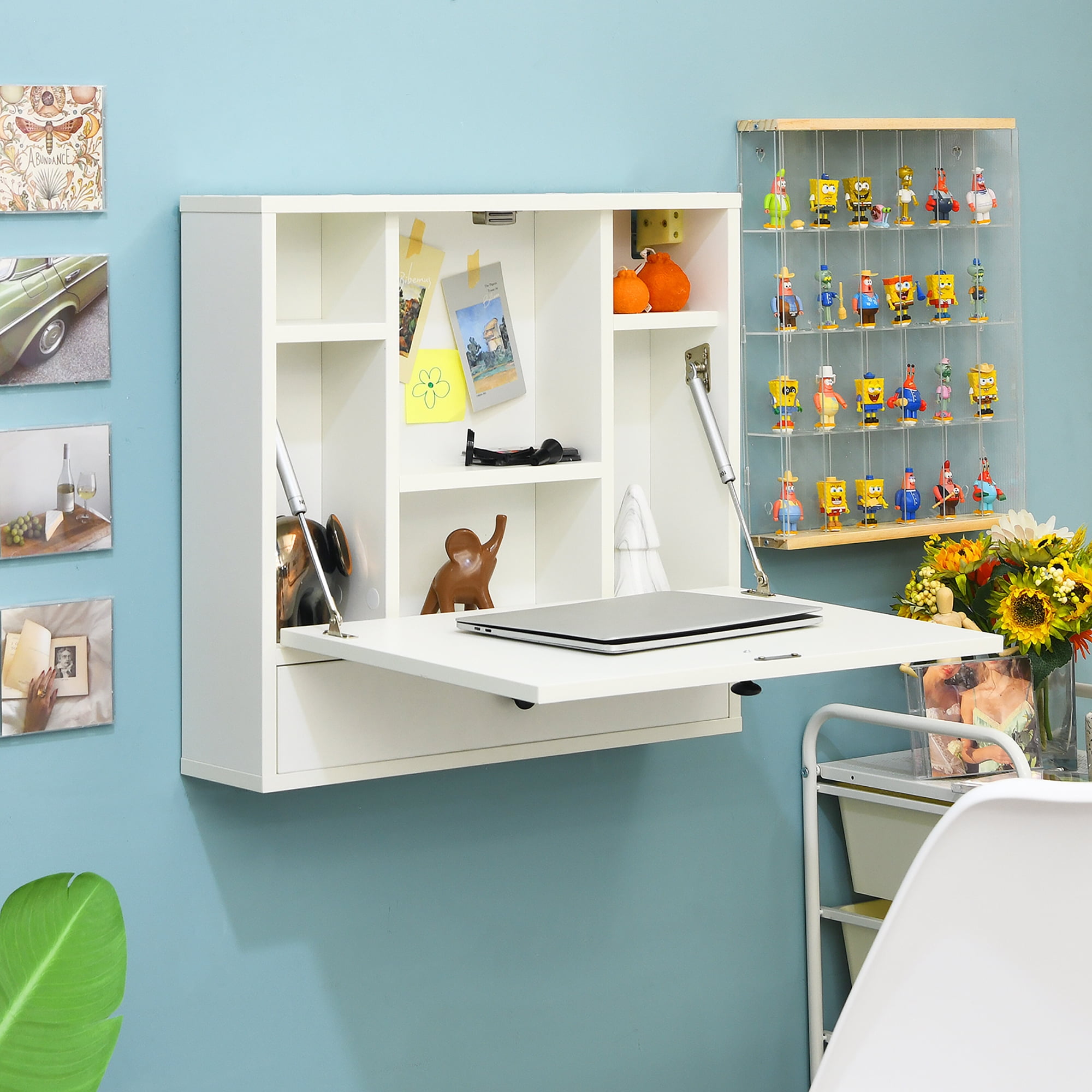 Costway Wall-Mount Floating Desk Foldable Space Saving Laptop Workstation White - Image 2
