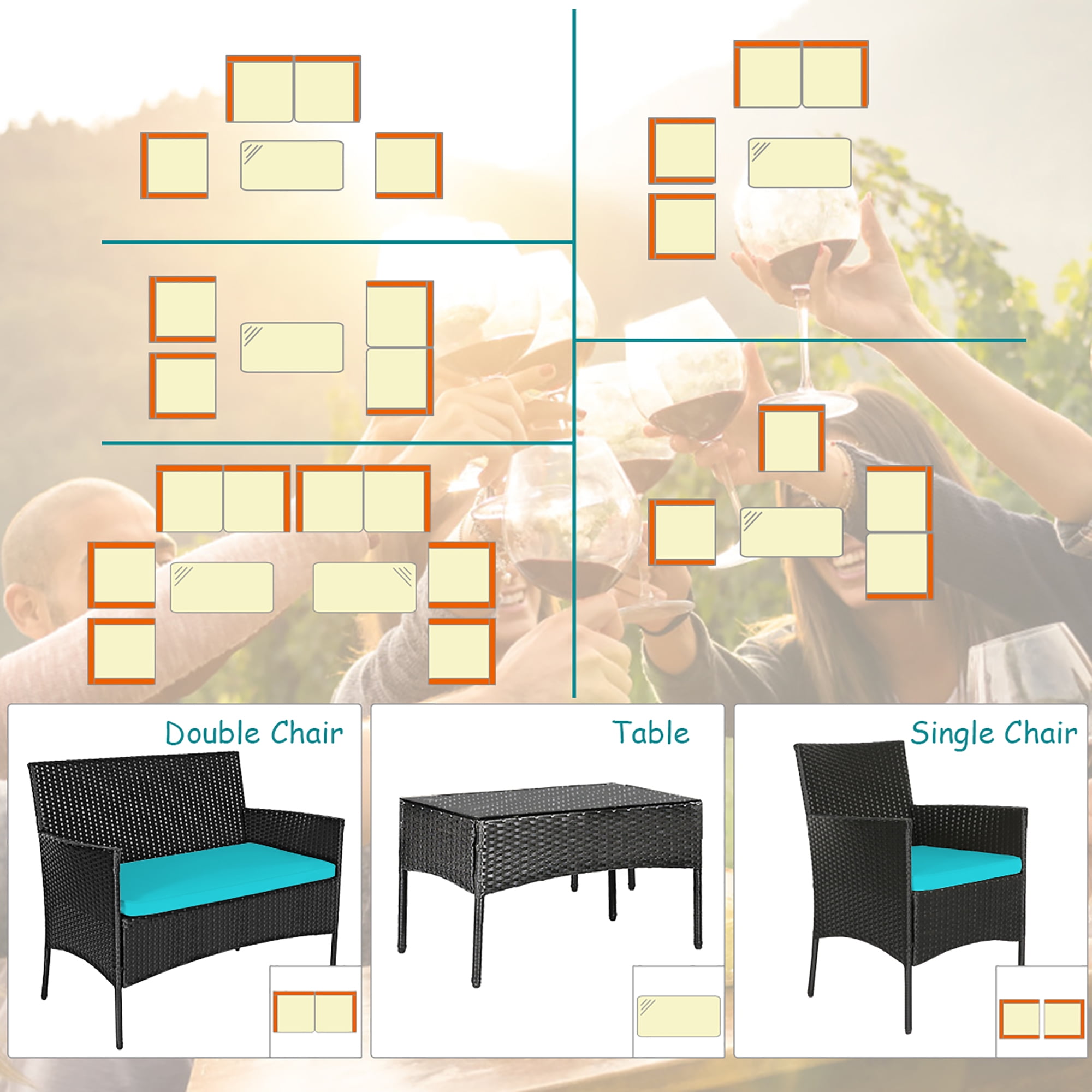 Costway 4PCS Patio Rattan Furniture Set Cushioned Sofa Coffee Table Backyard Turquoise - Image 10