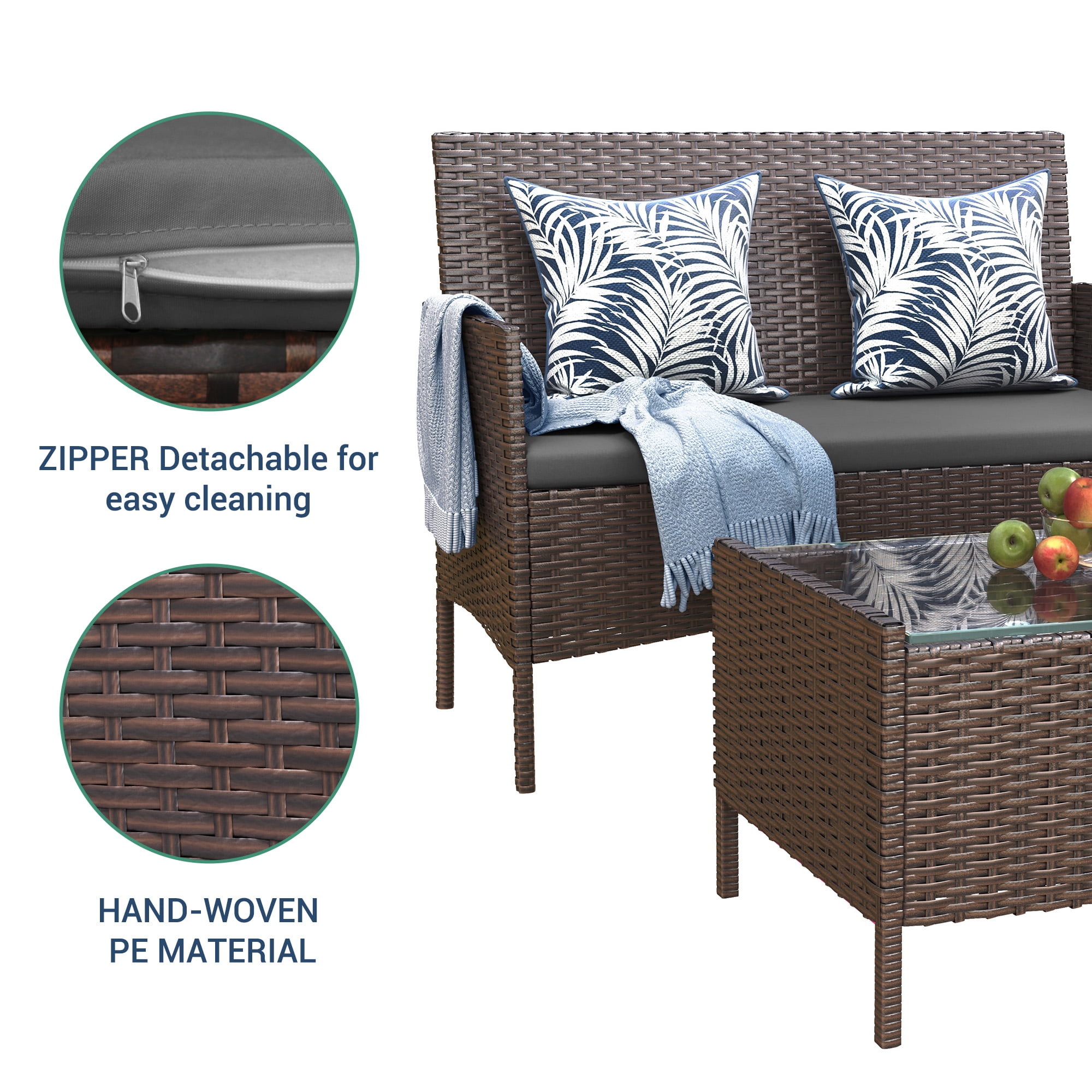 Elposun 4 Steel Hand-woven Outdoor Conversation Sets with Sofa and Table, Brown/Gray - Image 3