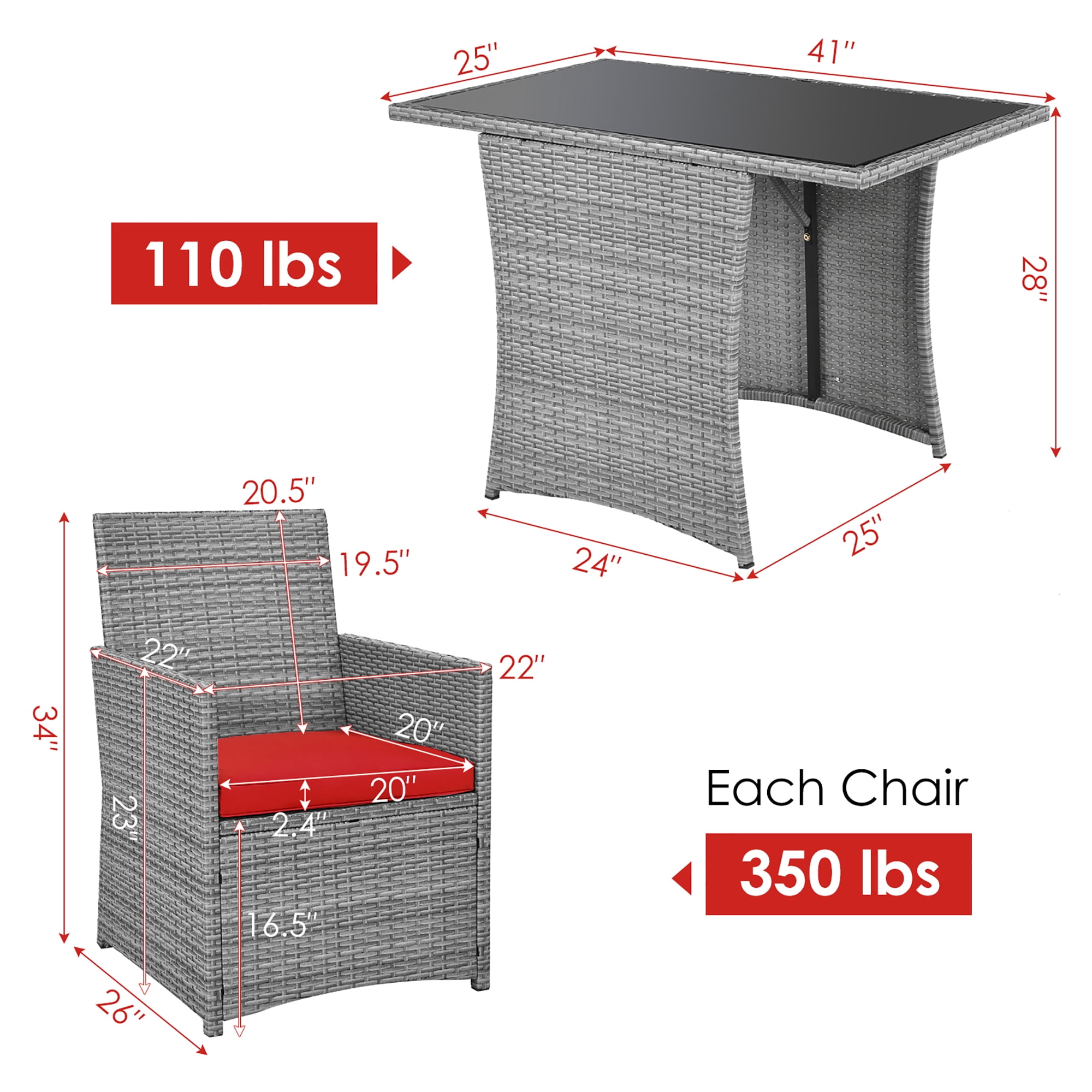 Costway 3PCS Patio Rattan Furniture Set Cushioned Sofa Armrest Garden Red - Image 12