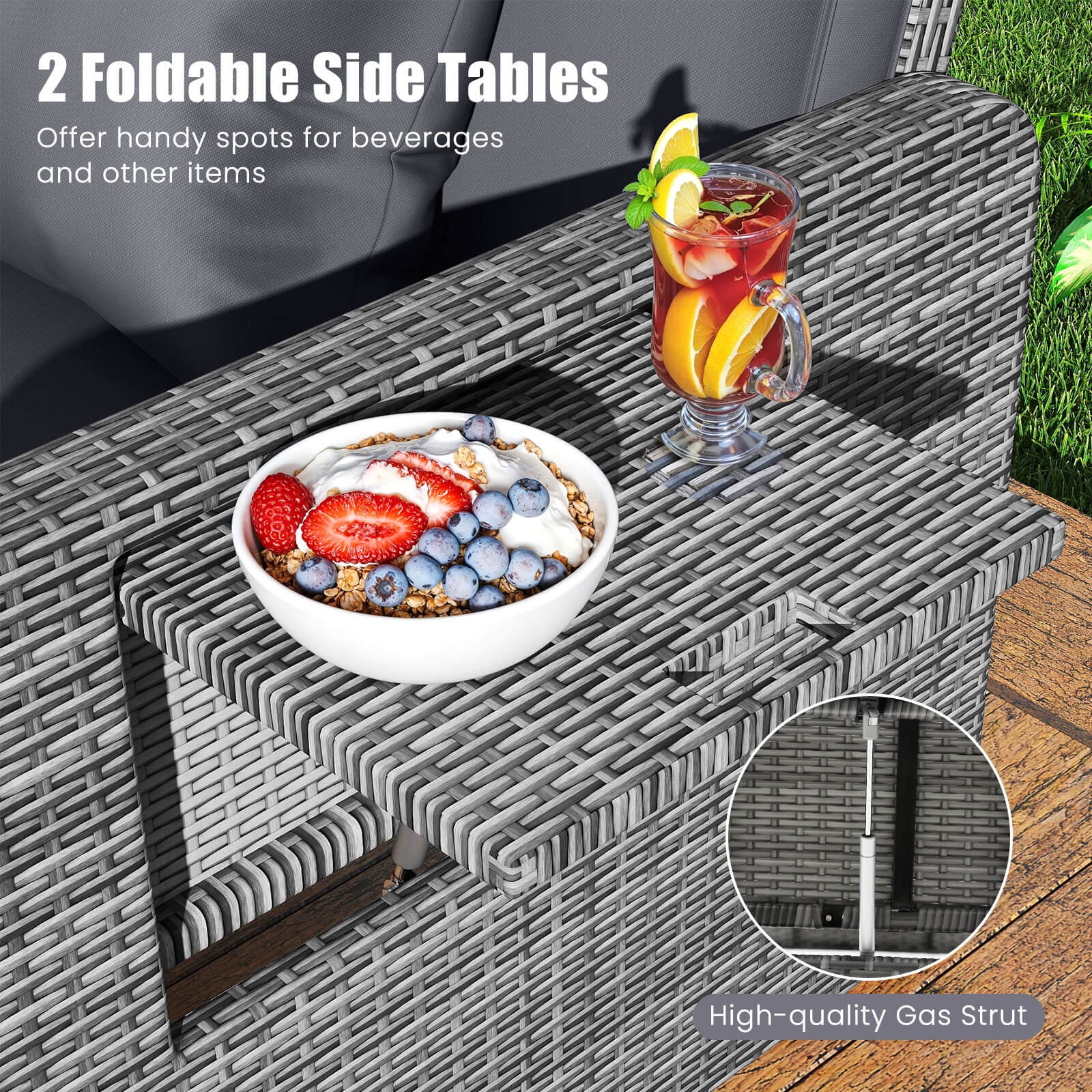 Costway Wicker Outdoor Patio Dining Set with Ottoman and Retractable Side Tray, Gray - Image 11